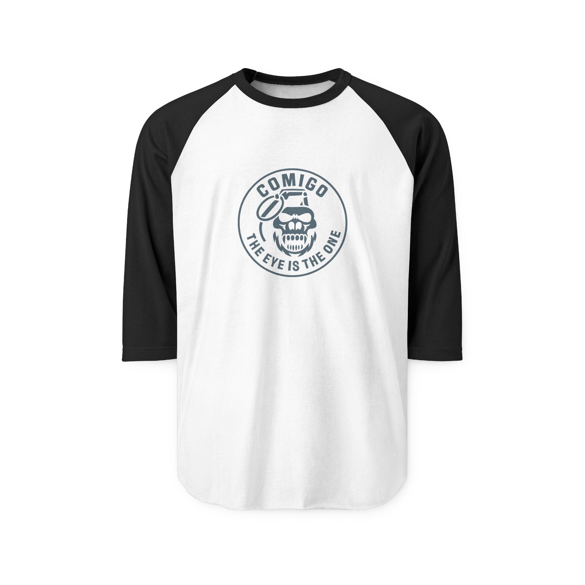 Black and white baseball shirt with a logo on a white background 3q sleeve | COMIGO CLOTHING CO.