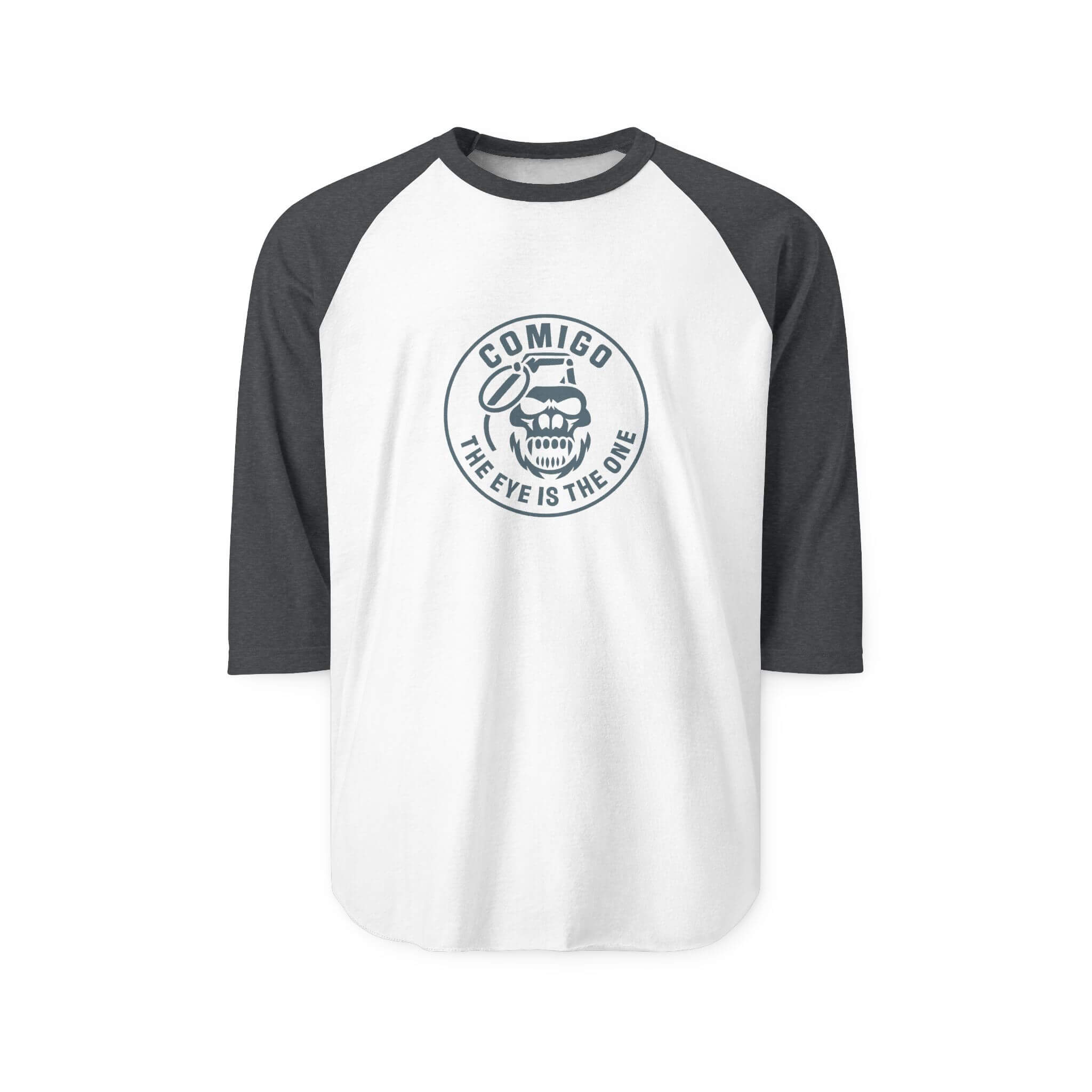 White and black baseball shirt with a logo and text on a white background 3q sleeve | COMIGO CLOTHING CO.