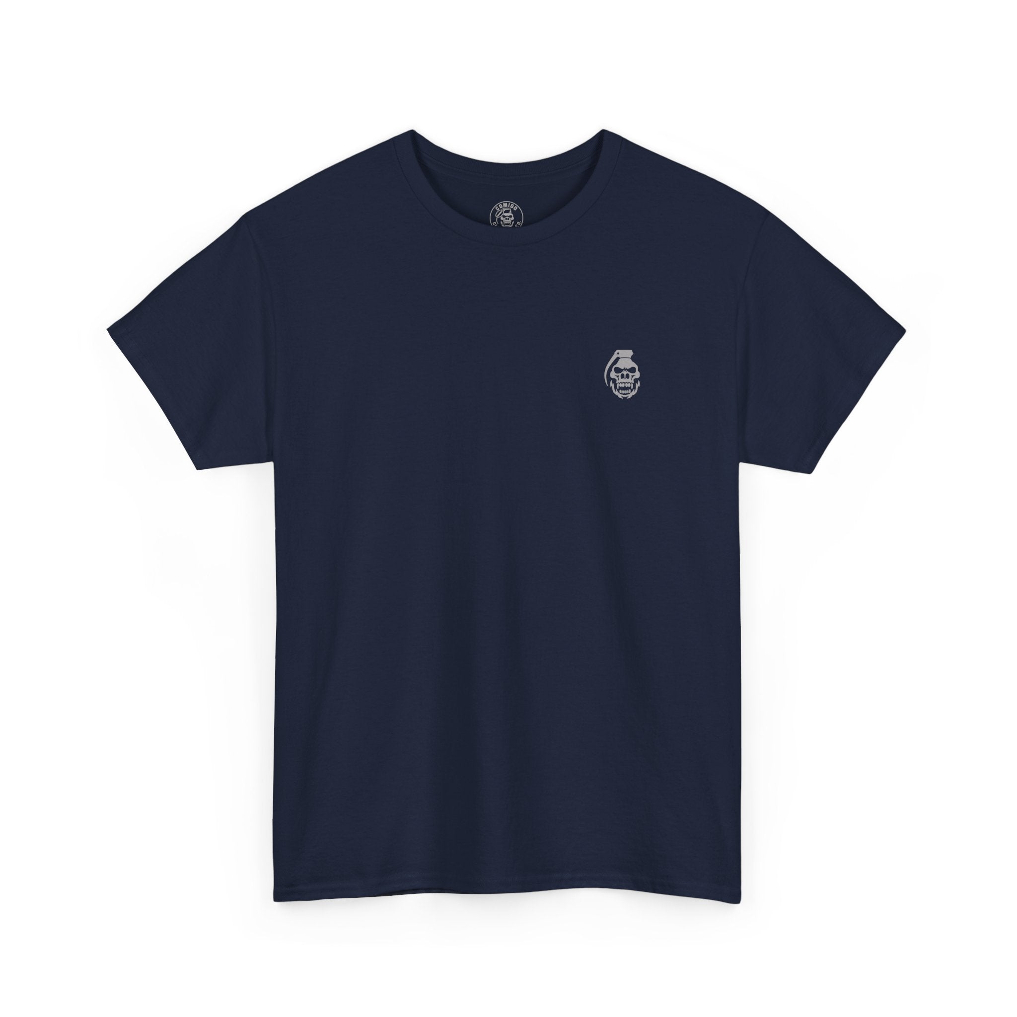 Navy blue t-shirt with a small logo on a white background alchemist of cards | COMIGO CLOTHING CO.