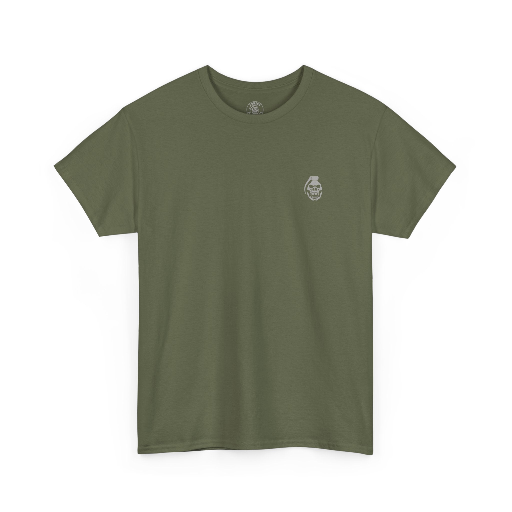 olive Green t-shirt with a small logo on a white background alchemist of cards | COMIGO CLOTHING CO.
