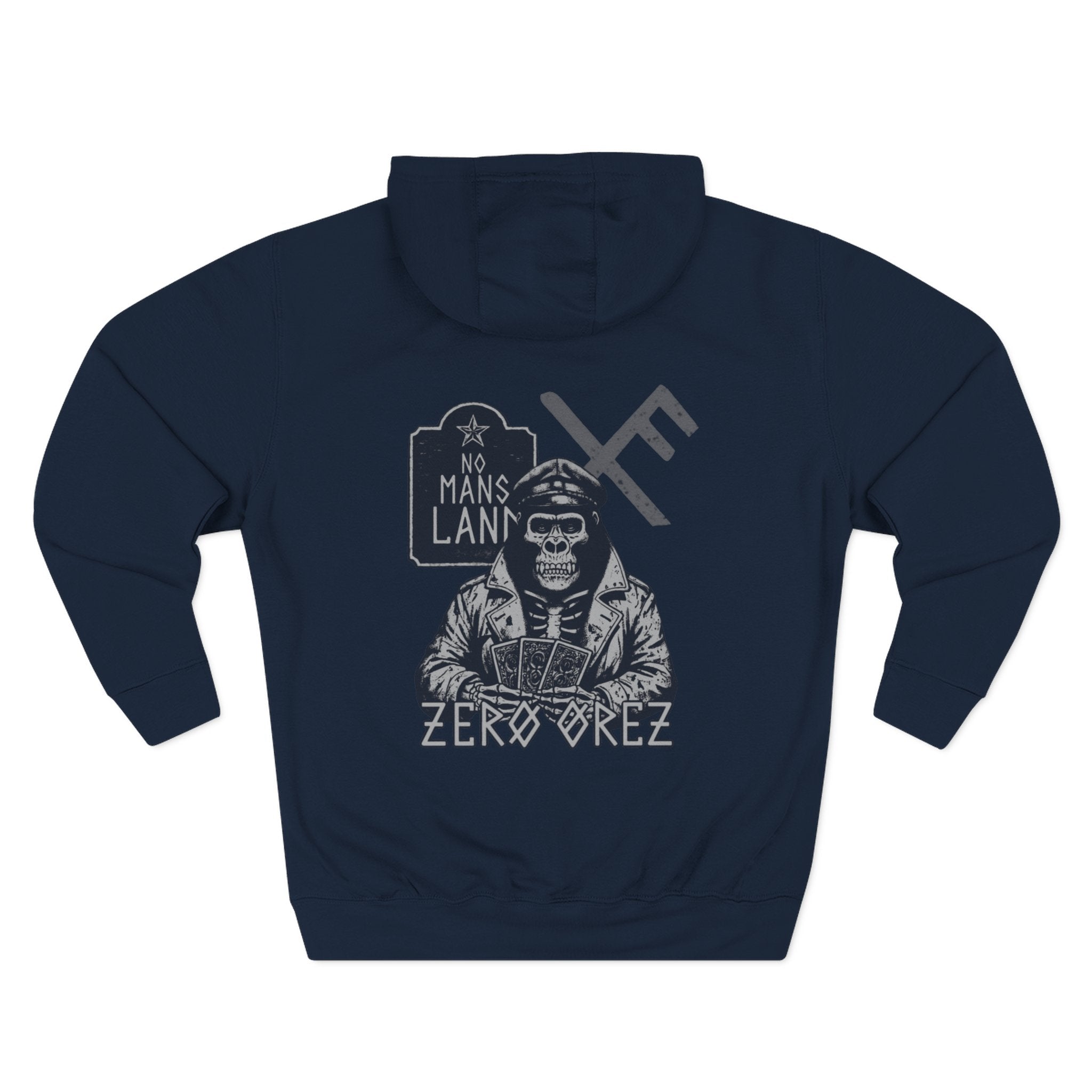 Navy blue hoodie with 'No Man's Land Zero Orez' graphic design on a white background alchemist of cards | COMIGO CLOTHING CO.