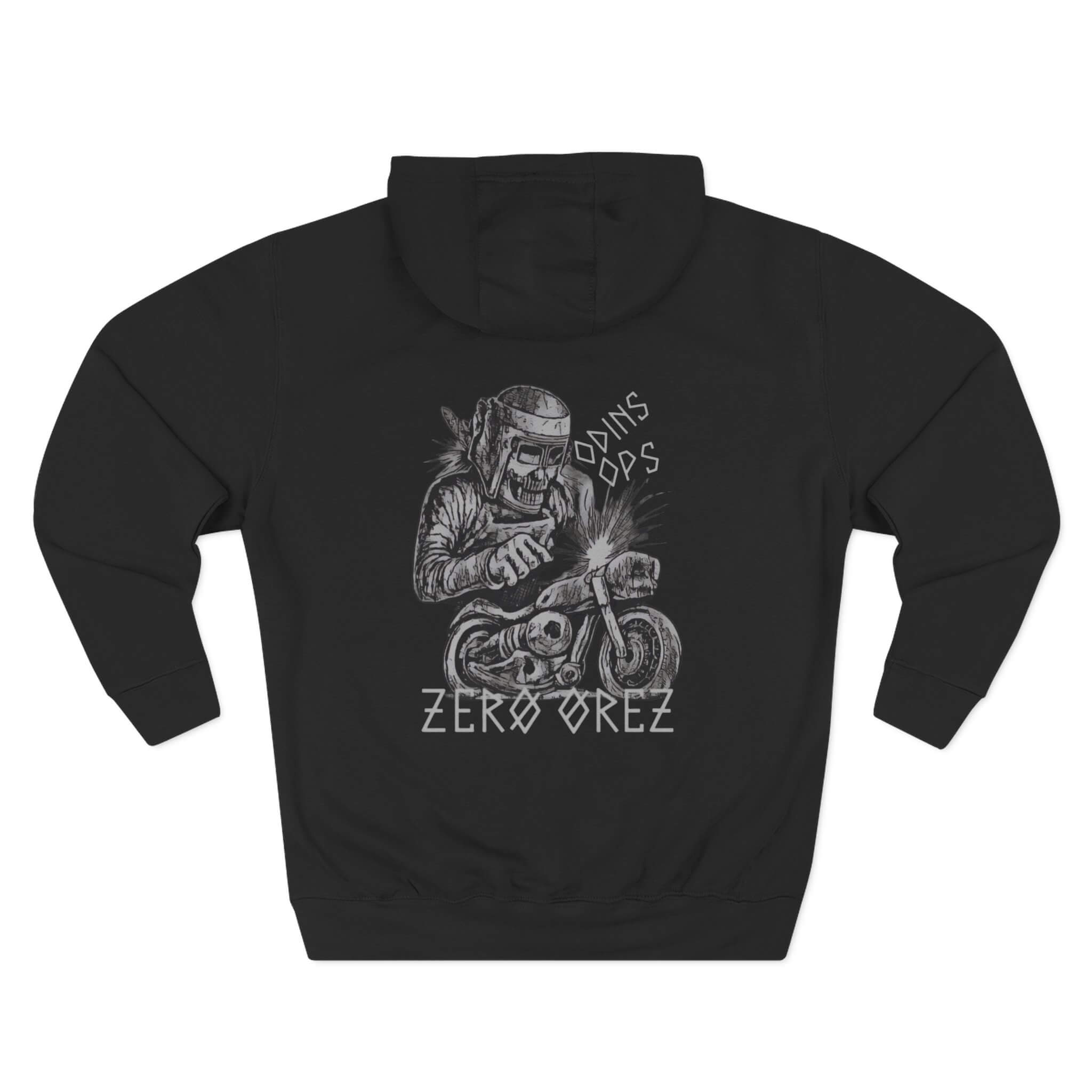 Black hoodie with a graphic design of a skeleton on a motorcycle and text Zero oREZ' on a white background. bone mechanic | COMIGO CLOTHING CO.