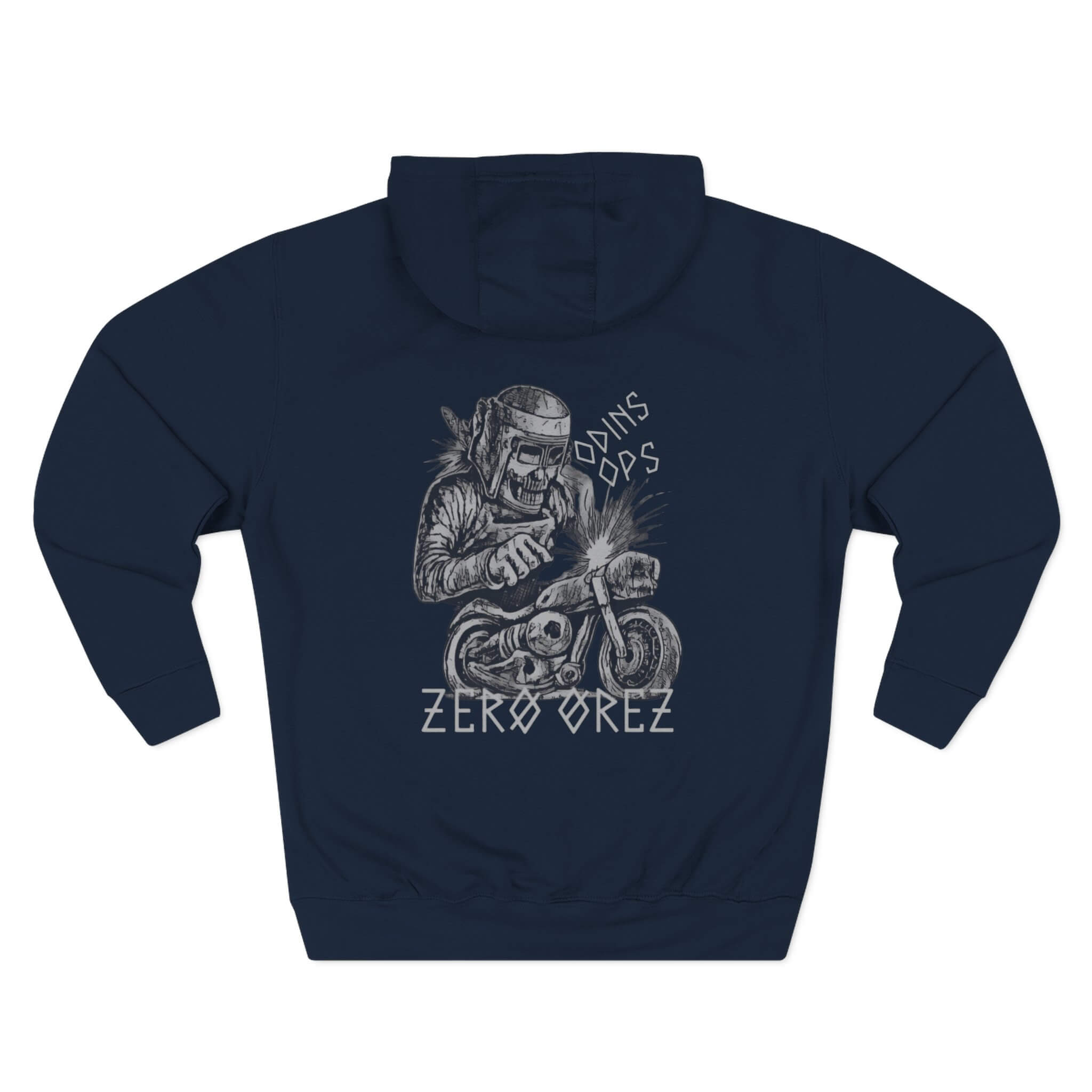 Navy blue hoodie with graphic design of a skeleton on a motorcycle and text Zero Orez' on a white background bone mechanic | COMIGO CLOTHING CO.