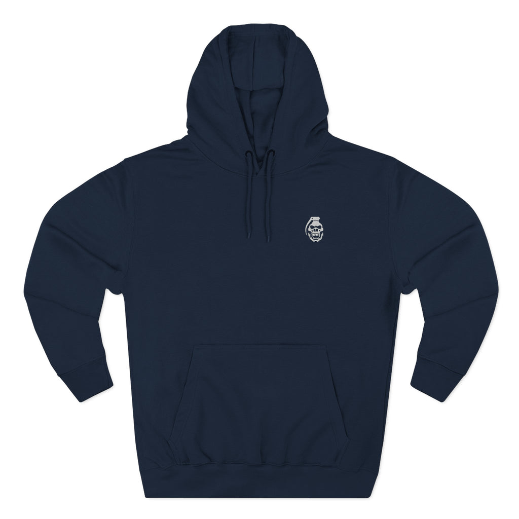 Navy blue hoodie with a small logo on the chest against a white background bone mechanic | COMIGO CLOTHING CO.