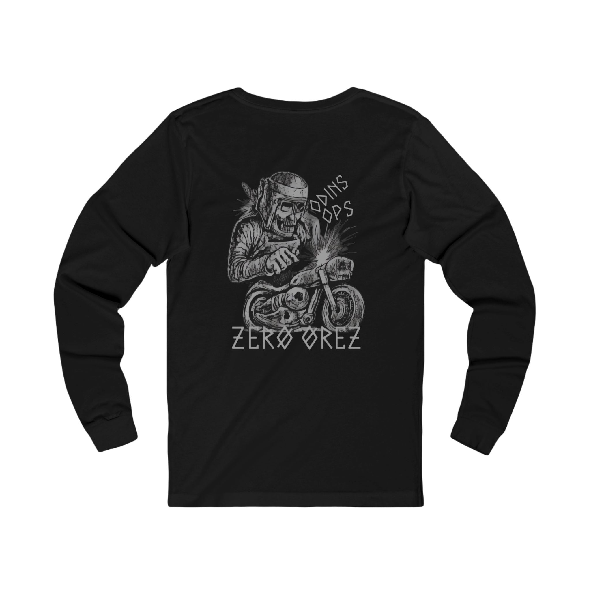 Black long-sleeve shirt with a graphic design on the back featuring a person on a motorcycle and 'Zero Orez' text. bone mechanic | COMIGO CLOTHING CO.
