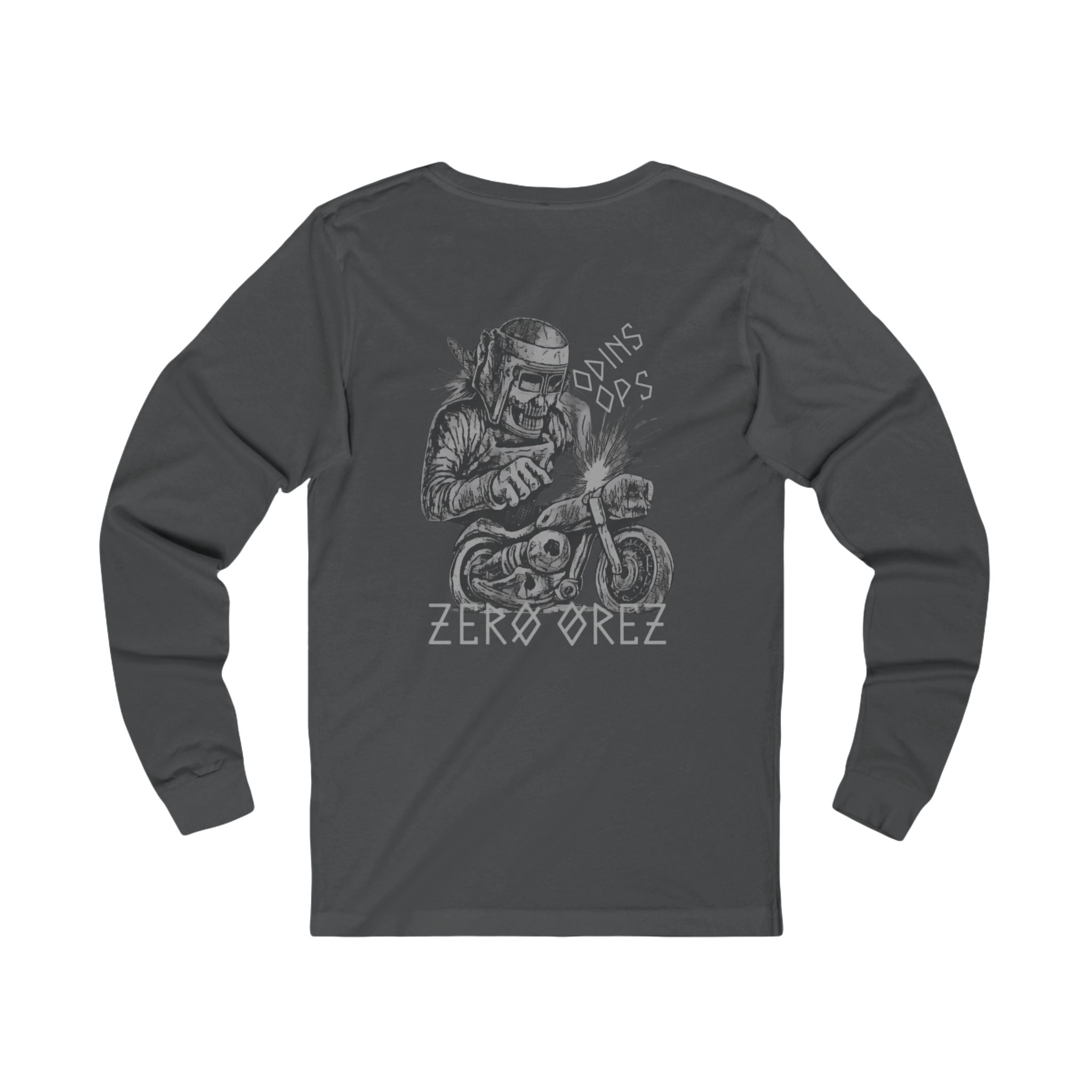 Dark gray long-sleeve shirt with graphic design on a white background bone mechanic | COMIGO CLOTHING CO.