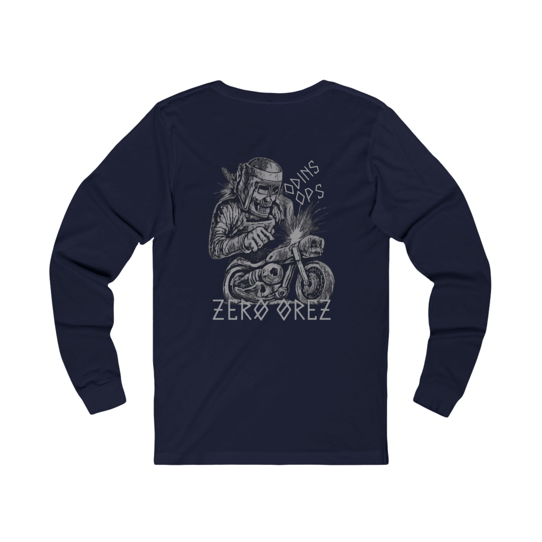 Navy long-sleeve shirt with graphic design and 'Zeroorez' text on a white background bone mechanic | COMIGO CLOTHING CO.