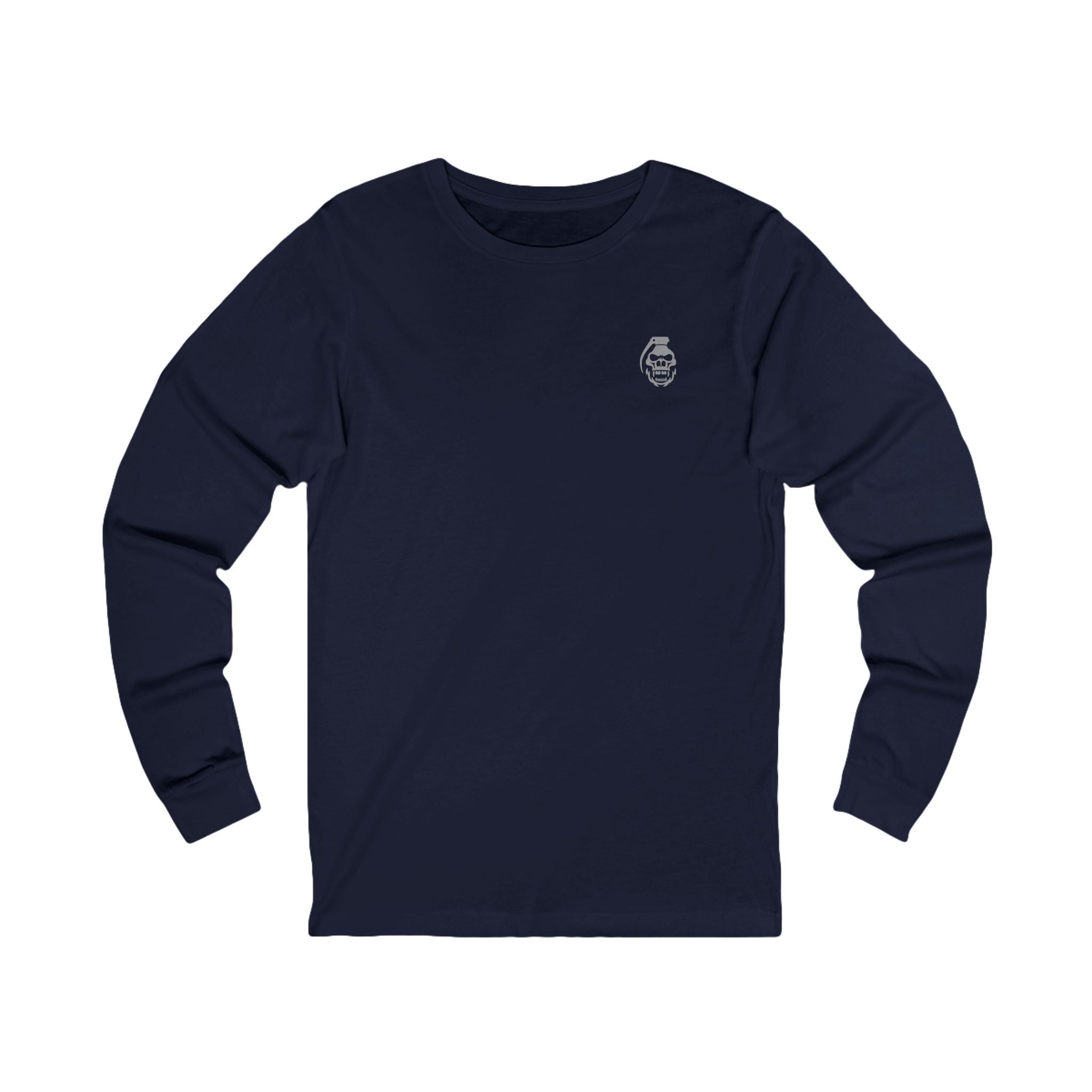 Navy blue long-sleeve shirt with a small logo on the chest against a white background bone mechanic | COMIGO CLOTHING CO.