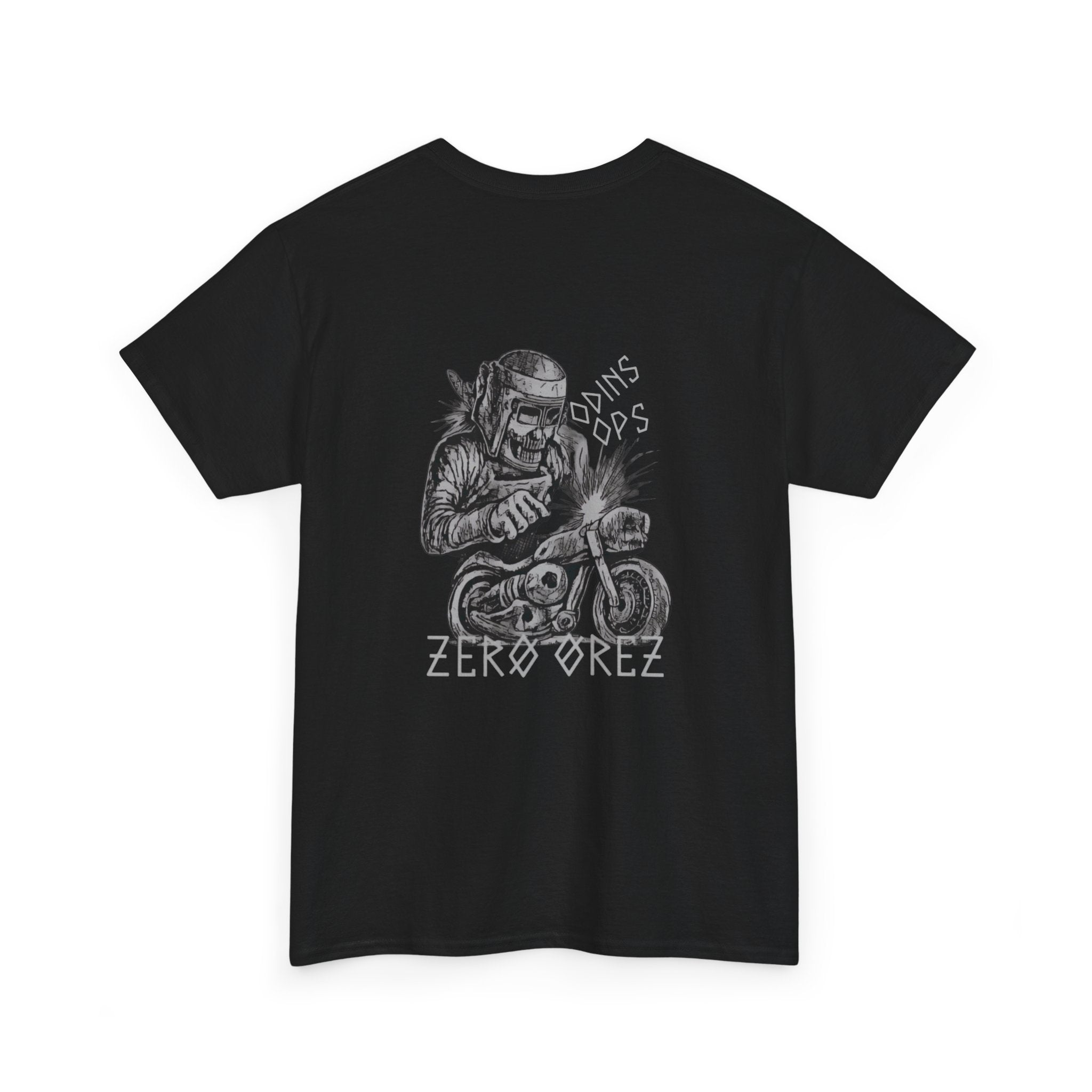Black t-shirt with a graphic design of a person on a motorcycle and 'Zeroorez' text on the back. bone mechanic | COMIGO CLOTHING CO.