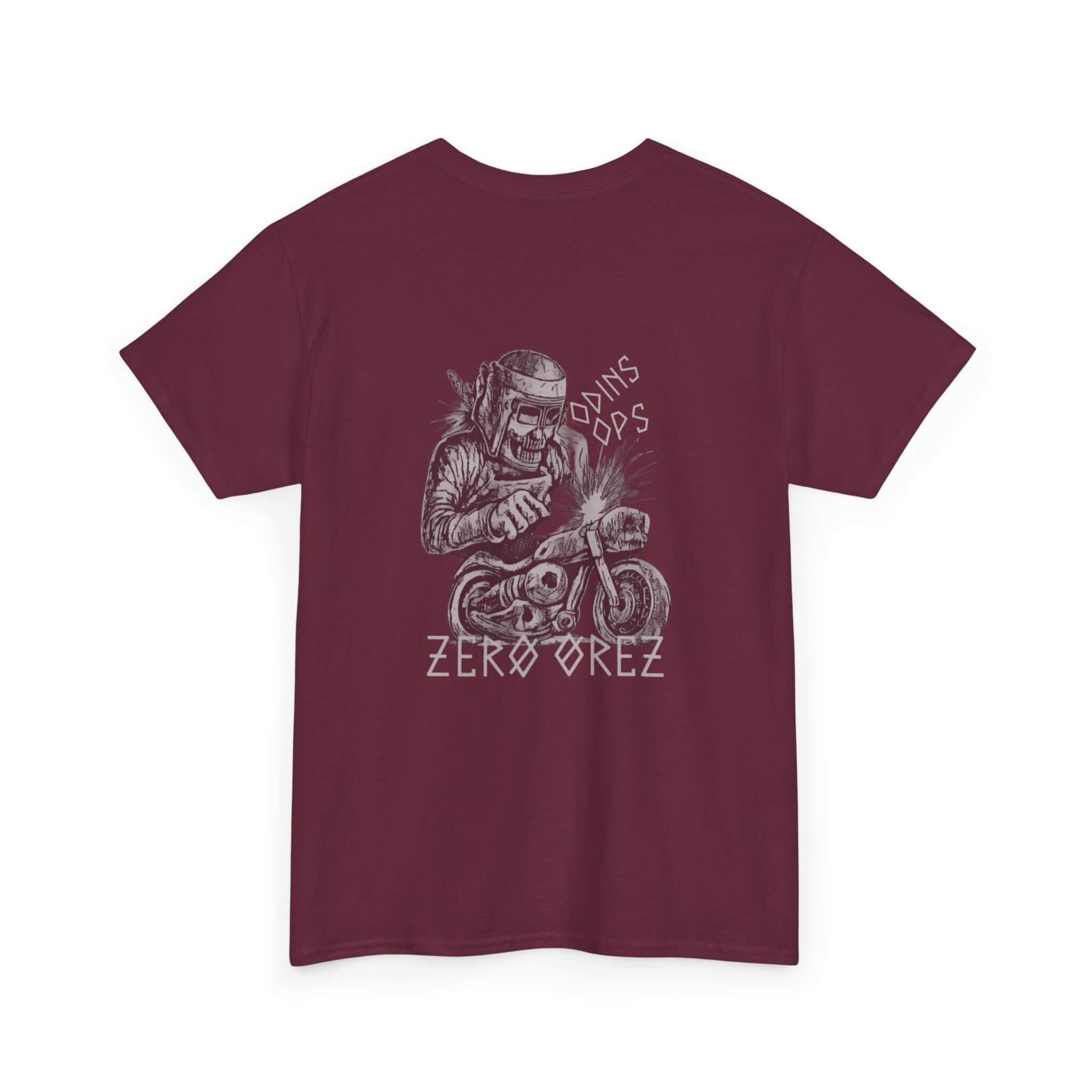Maroon t-shirt with graphic design and 'Zero oRez' text on a white background bone mechanic | COMIGO CLOTHING CO.