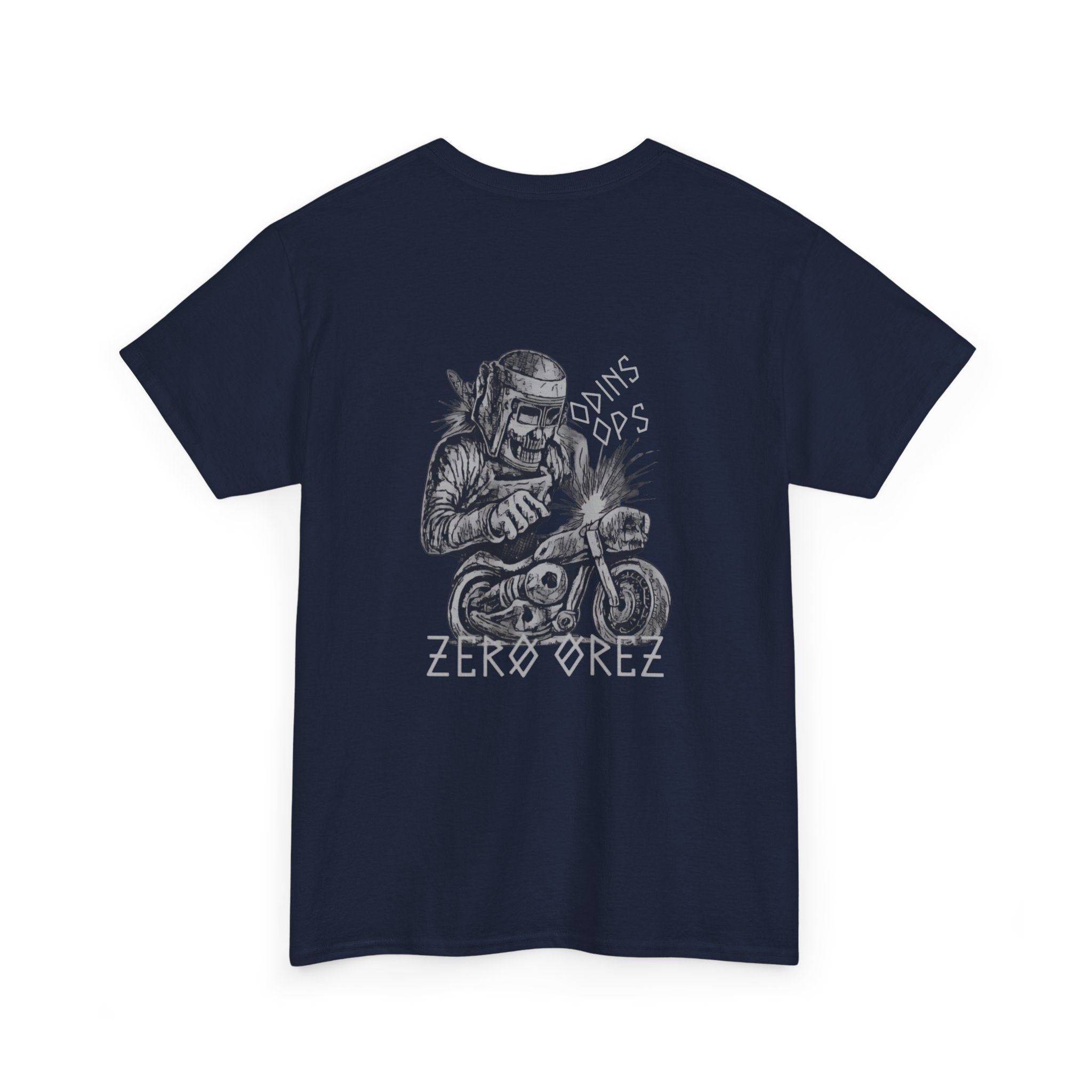 Navy blue t-shirt with a graphic design on the back featuring a person on a motorcycle and 'Zeroorez' branding. bone mechanic | COMIGO CLOTHING CO.
