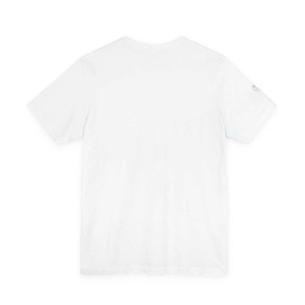 Plain white t-shirt on a light gray background comigo-chances-tee-back-white