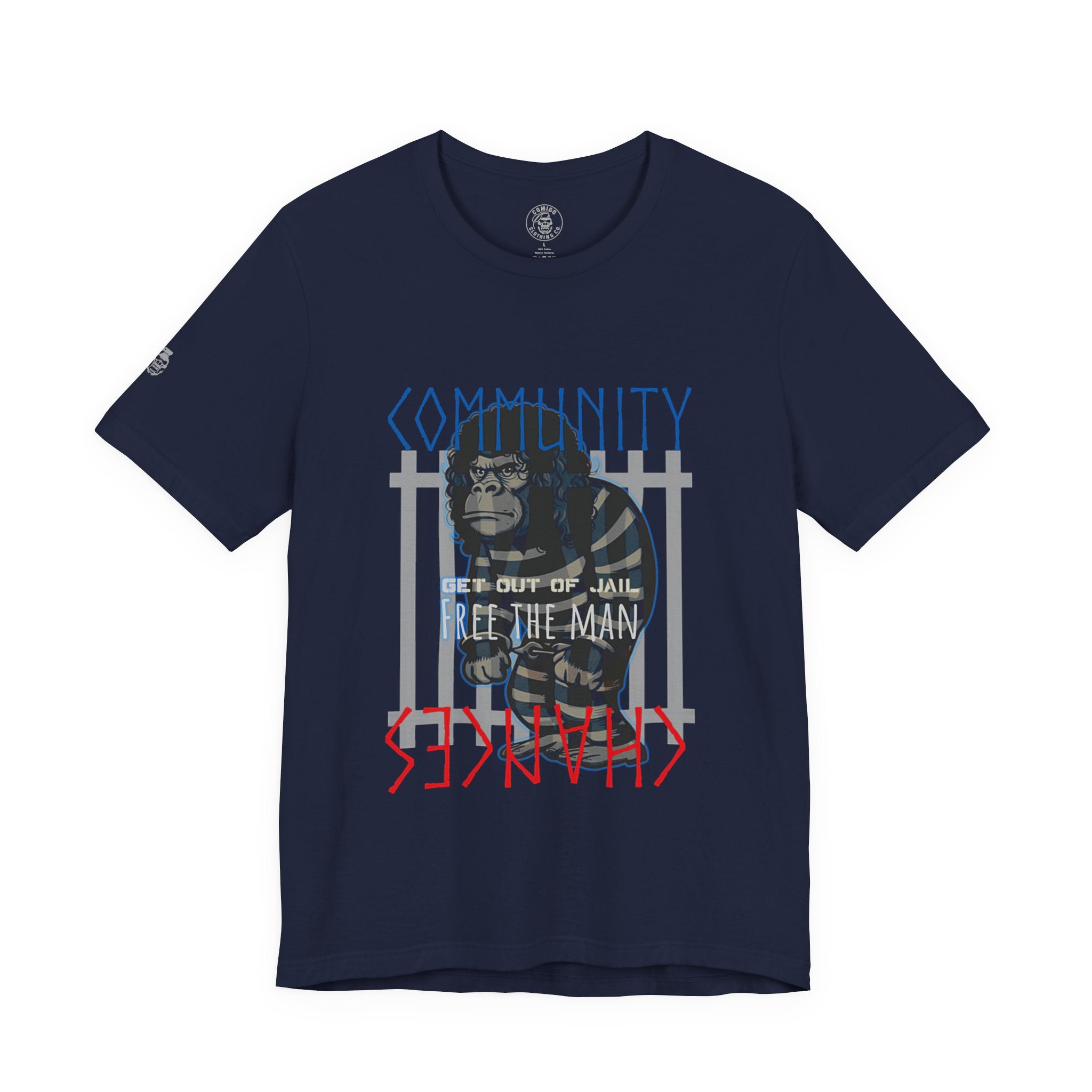 Navy blue t-shirt with graphic design featuring a monkey and text on a white background comigo-chances-tee-front-navy