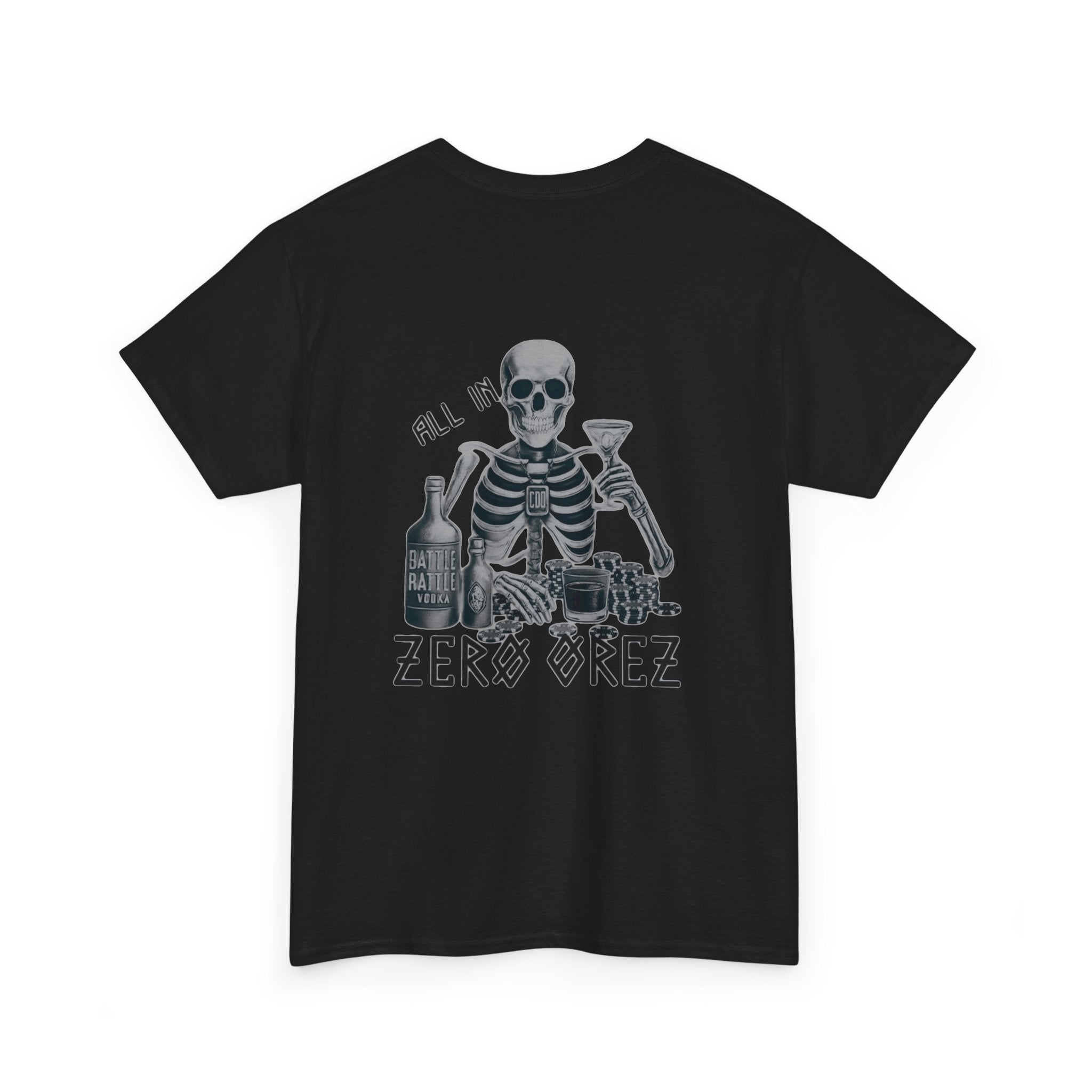 Black t-shirt with a skeleton graphic and text on a white background commando battle rattle | COMIGO CLOTHING CO.
