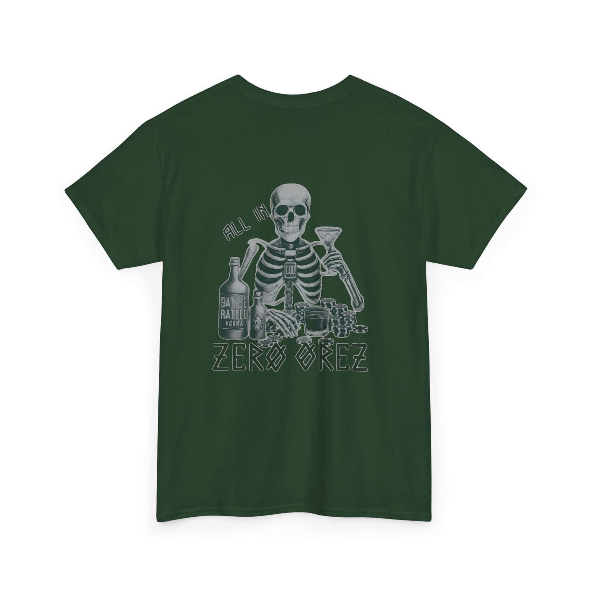 Green t-shirt with skeleton graphic and text on a white background commando battle rattle | COMIGO CLOTHING CO.