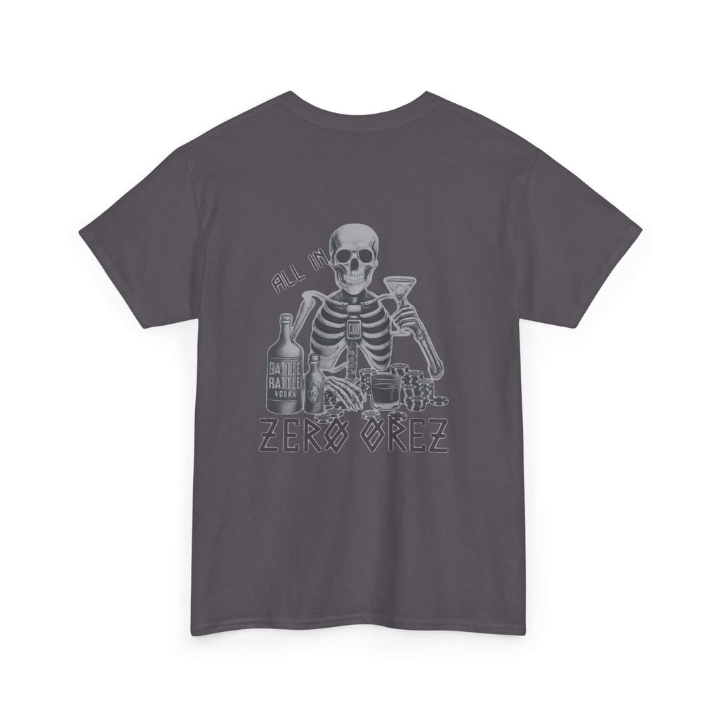 Gray t-shirt with skeleton graphic and text on a white background commando battle rattle | COMIGO CLOTHING CO.