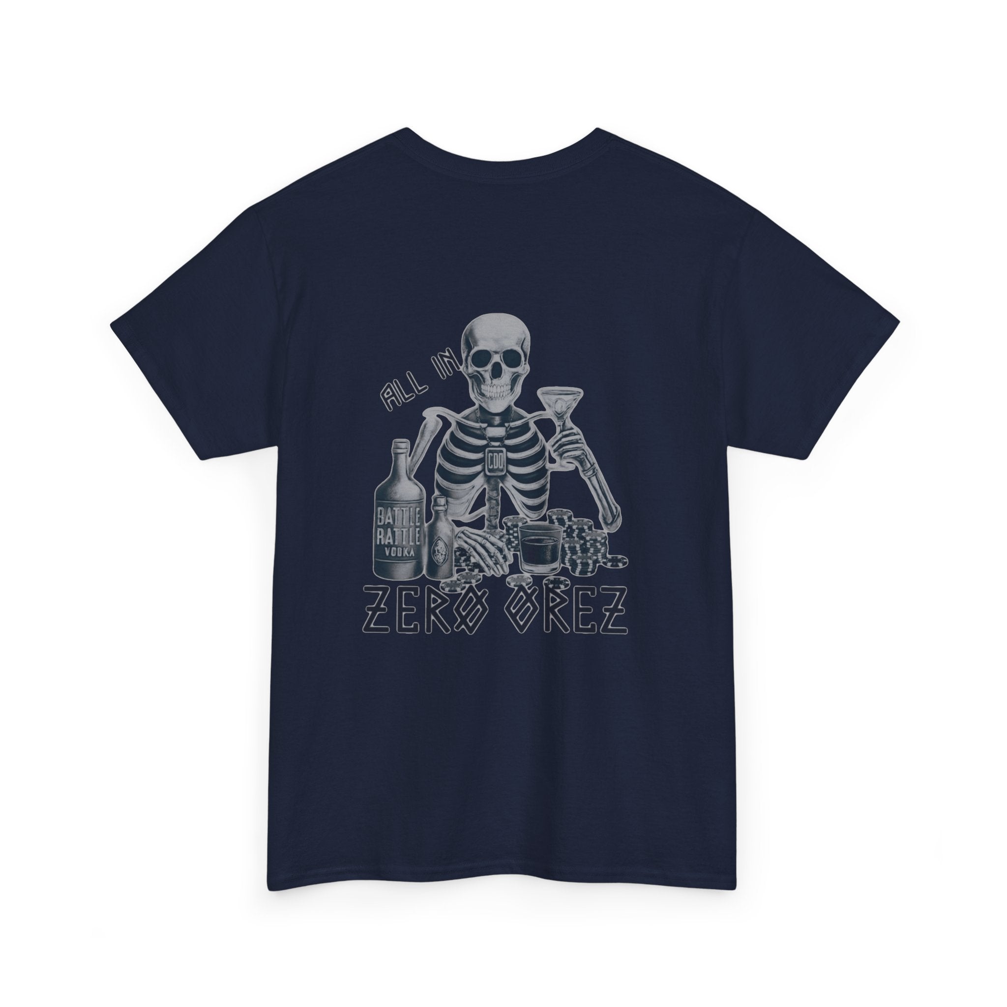 Navy blue t-shirt with a skeleton graphic and text on the back, on a white background commando battle rattle | COMIGO CLOTHING CO.