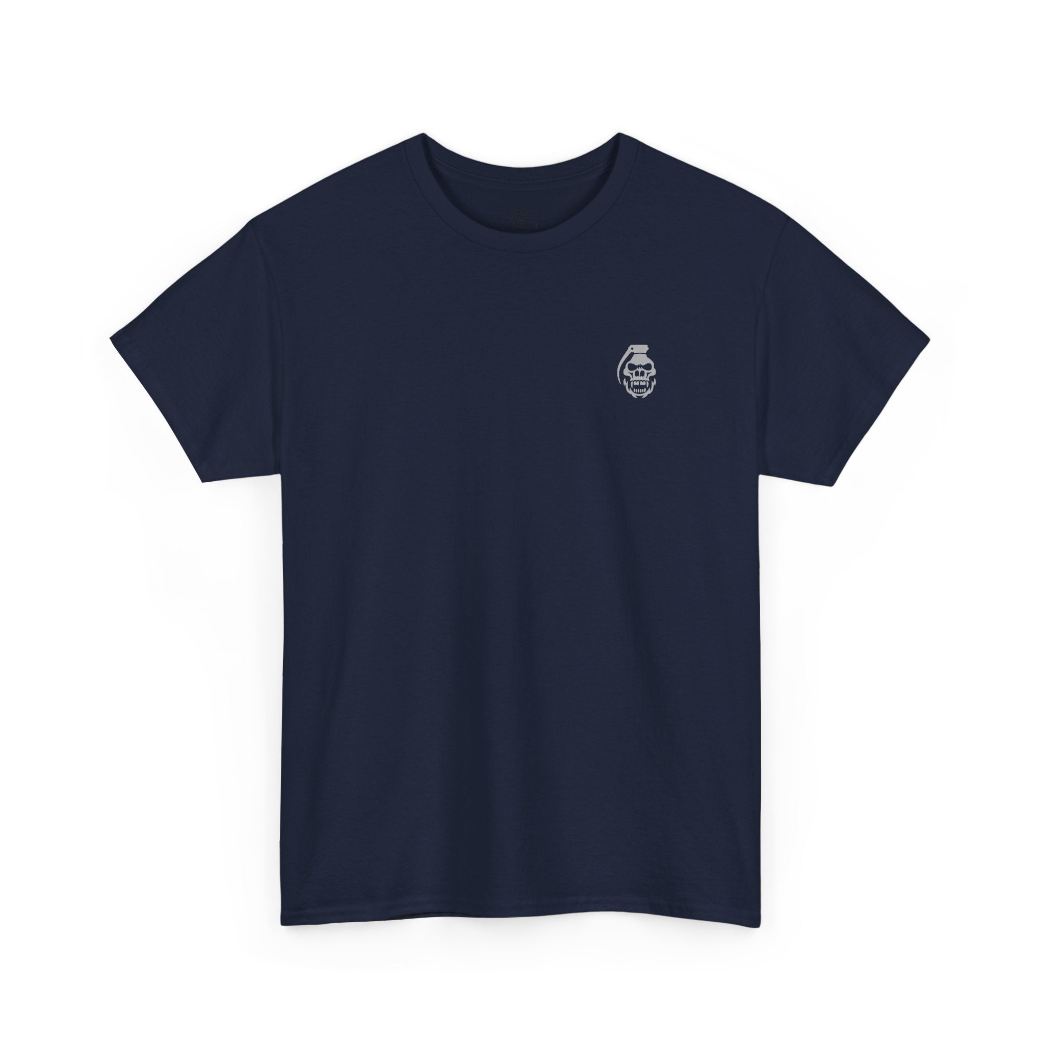 Navy blue t-shirt with a small white logo on a white background commando battle rattle | COMIGO CLOTHING CO.
