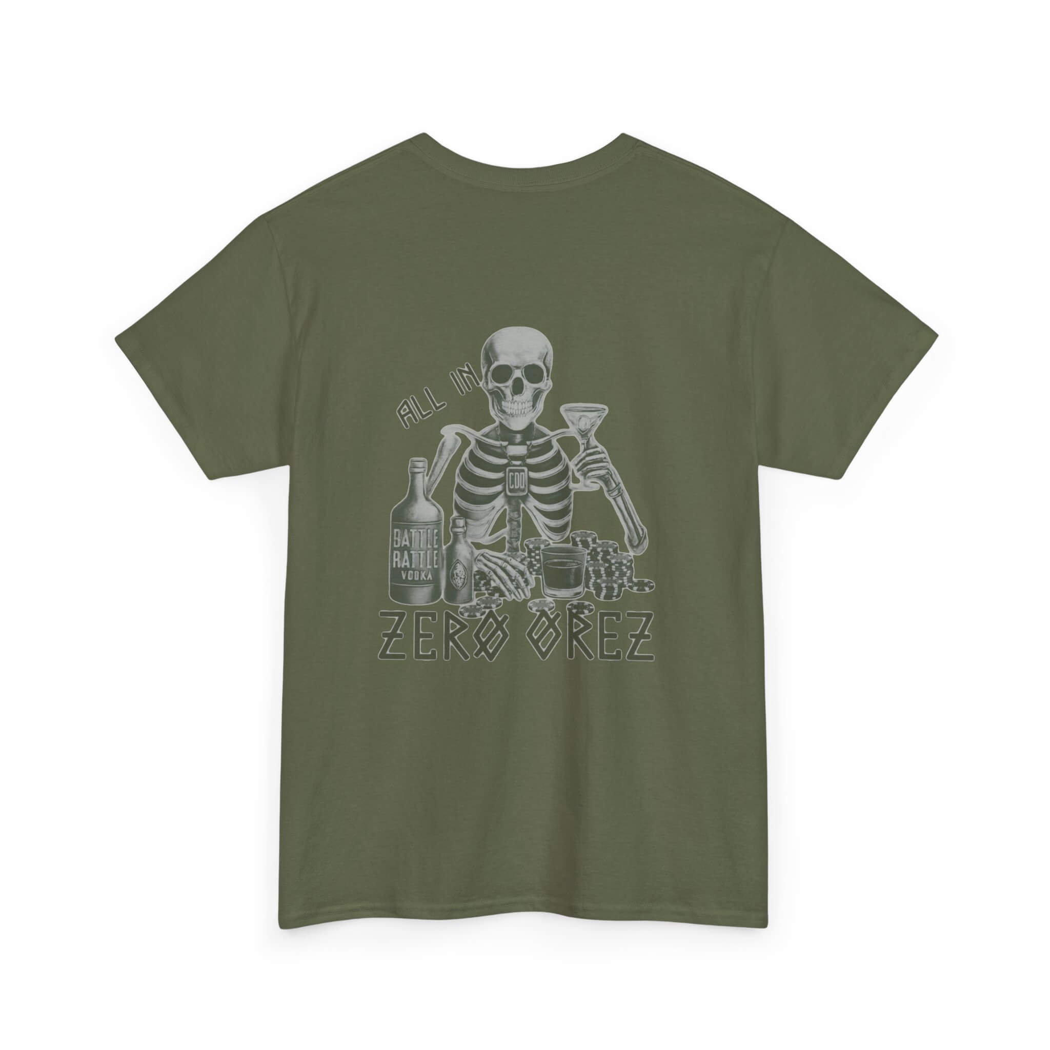 Green t-shirt with a skeleton graphic and 'Zero Orez' text on a white background commando battle rattle | COMIGO CLOTHING CO.