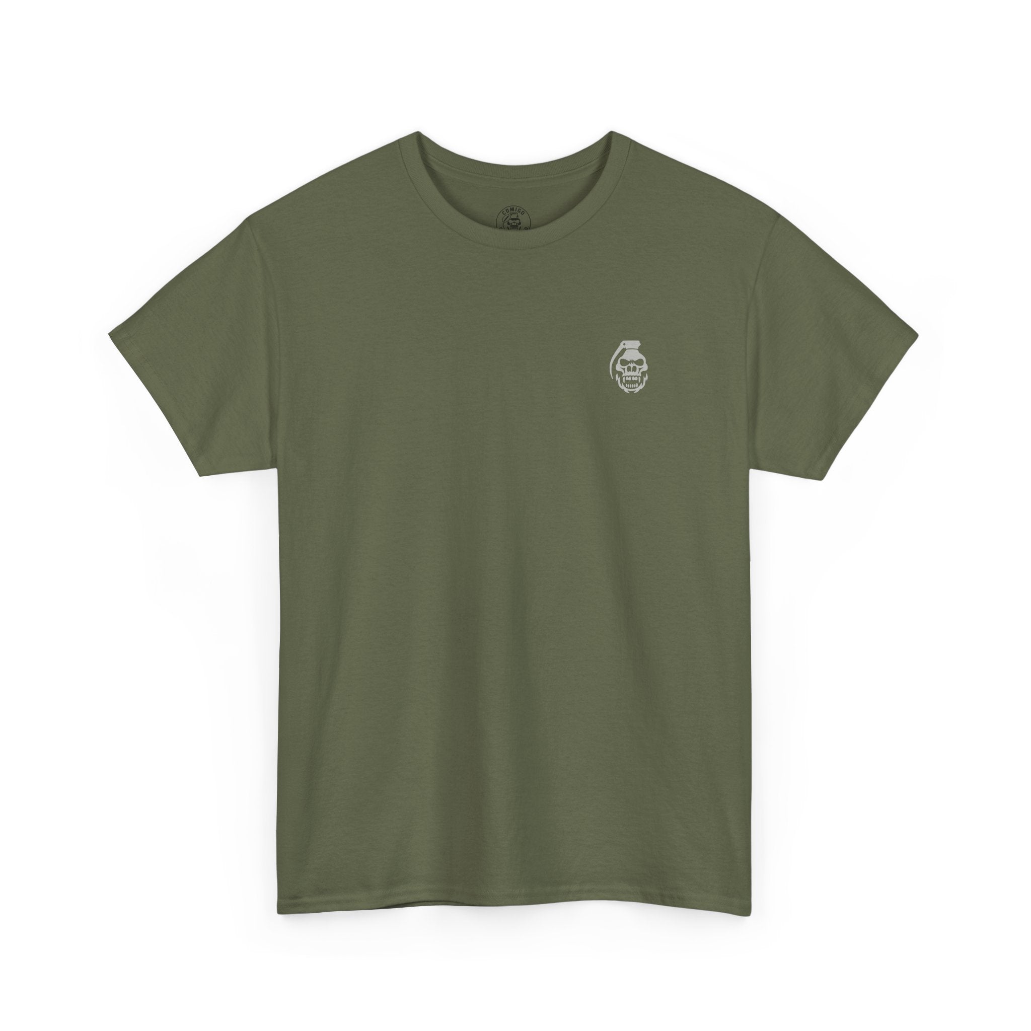 Green t-shirt with a small logo on a white background commando battle rattle | COMIGO CLOTHING CO.
