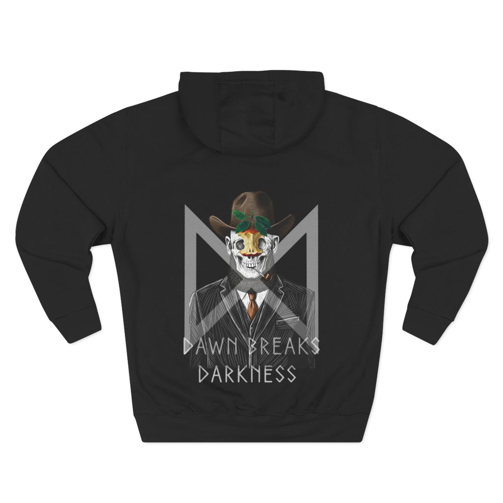 Black hoodie with a graphic design of a person in a suit and hat, featuring text 'Dawn Breaks Darkness', on a white background. comigo-dawn-breaks-darkness-hoodie-back-black