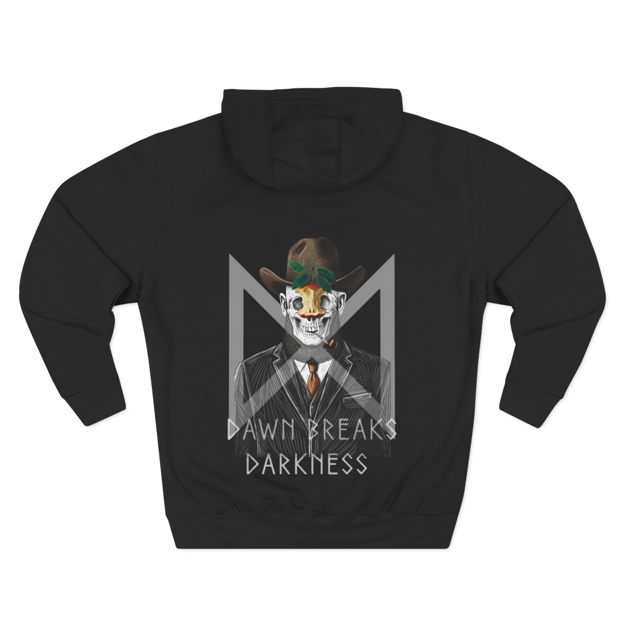 Black hoodie with a graphic design of a person in a suit and hat, featuring text 'Dawn Breaks Darkness', on a white background. comigo-dawn-breaks-darkness-hoodie-back-black