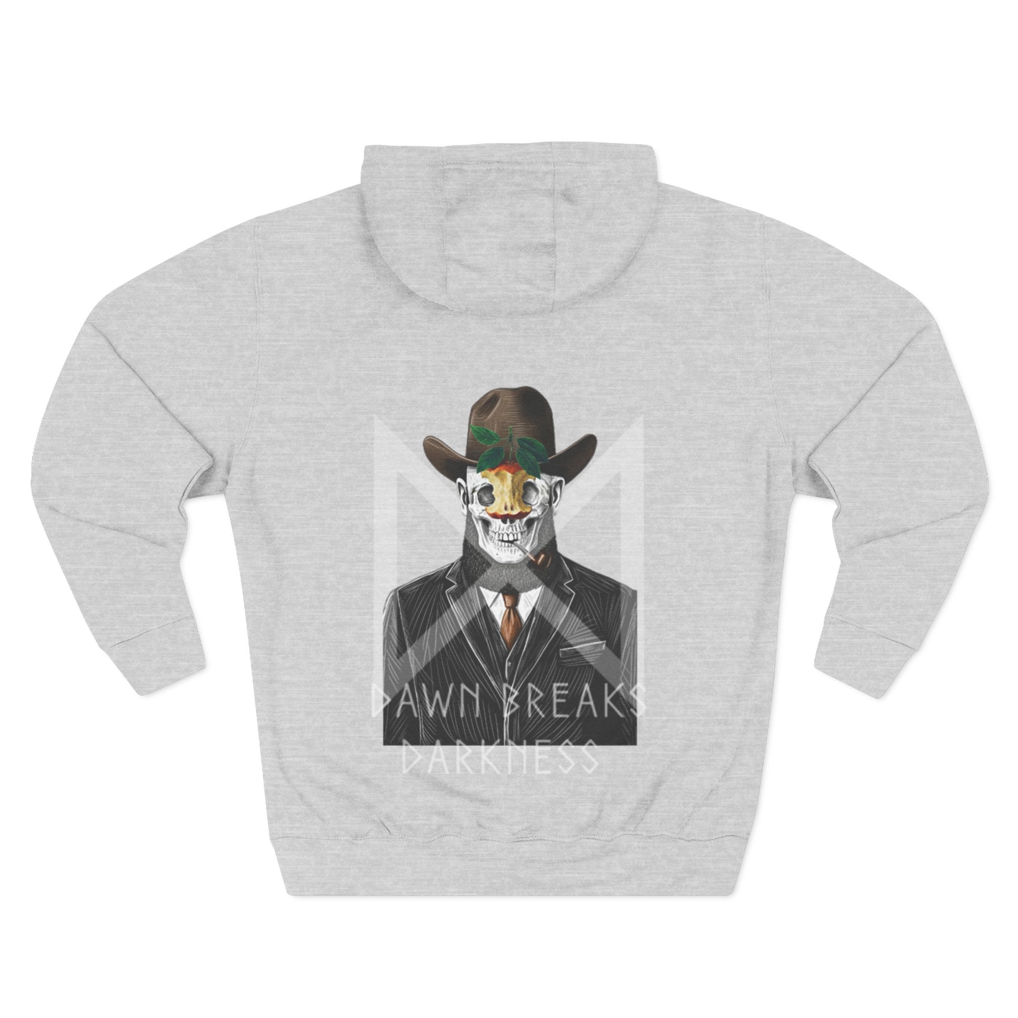Gray hoodie with a graphic of a person in a suit and hat on the back, on a white background. comigo-dawn-breaks-darkness-hoodie-back-grey