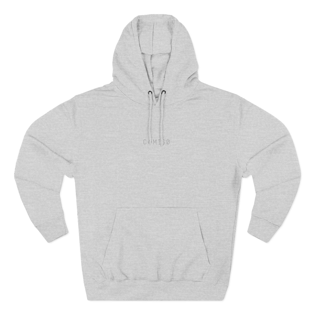 Gray hoodie with 'comigo' branding on a white background comigo-dawn-breaks-darkness-hoodie-front-grey