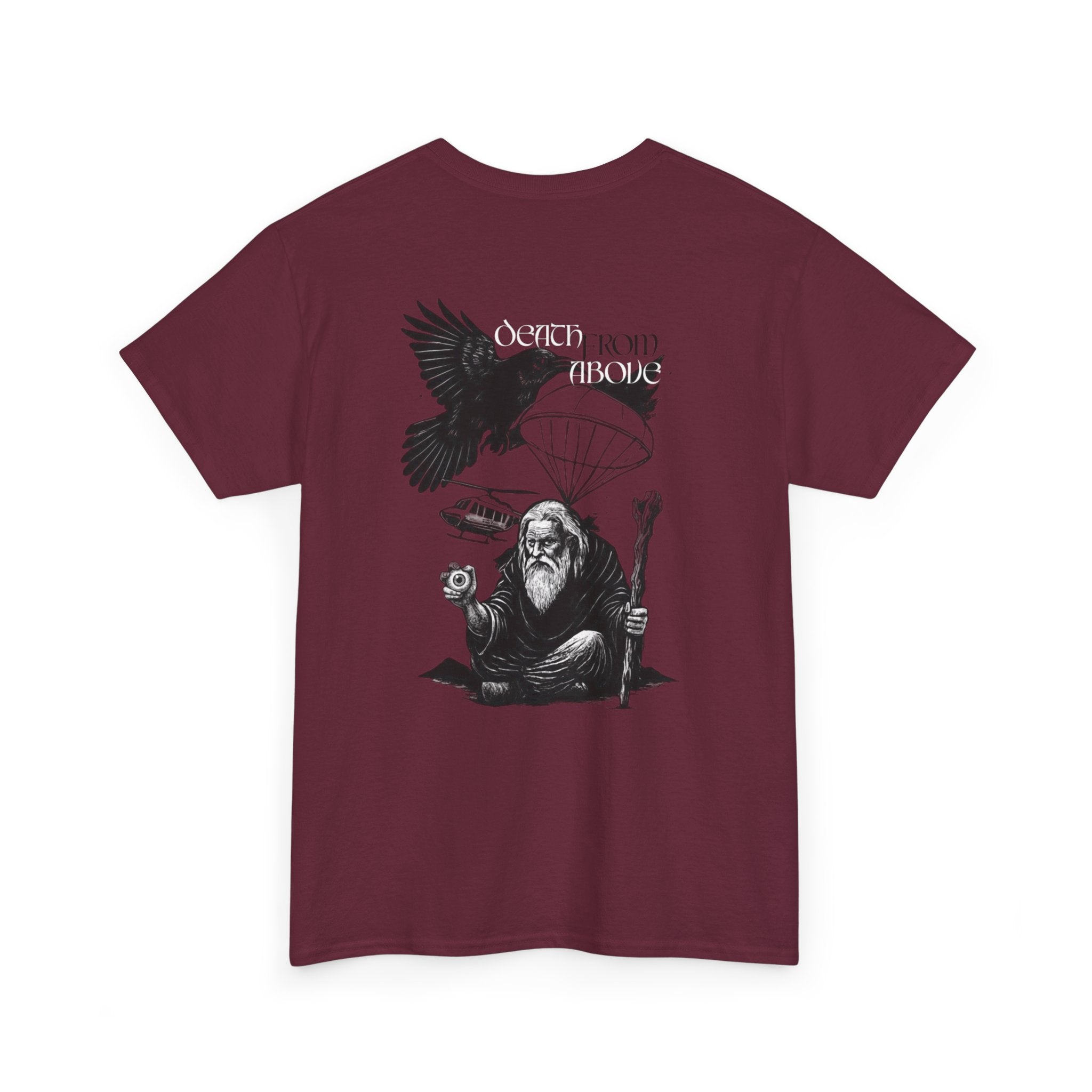 Maroon t-shirt with black graphic design on a white background comigo-death-from-above-back-maroon