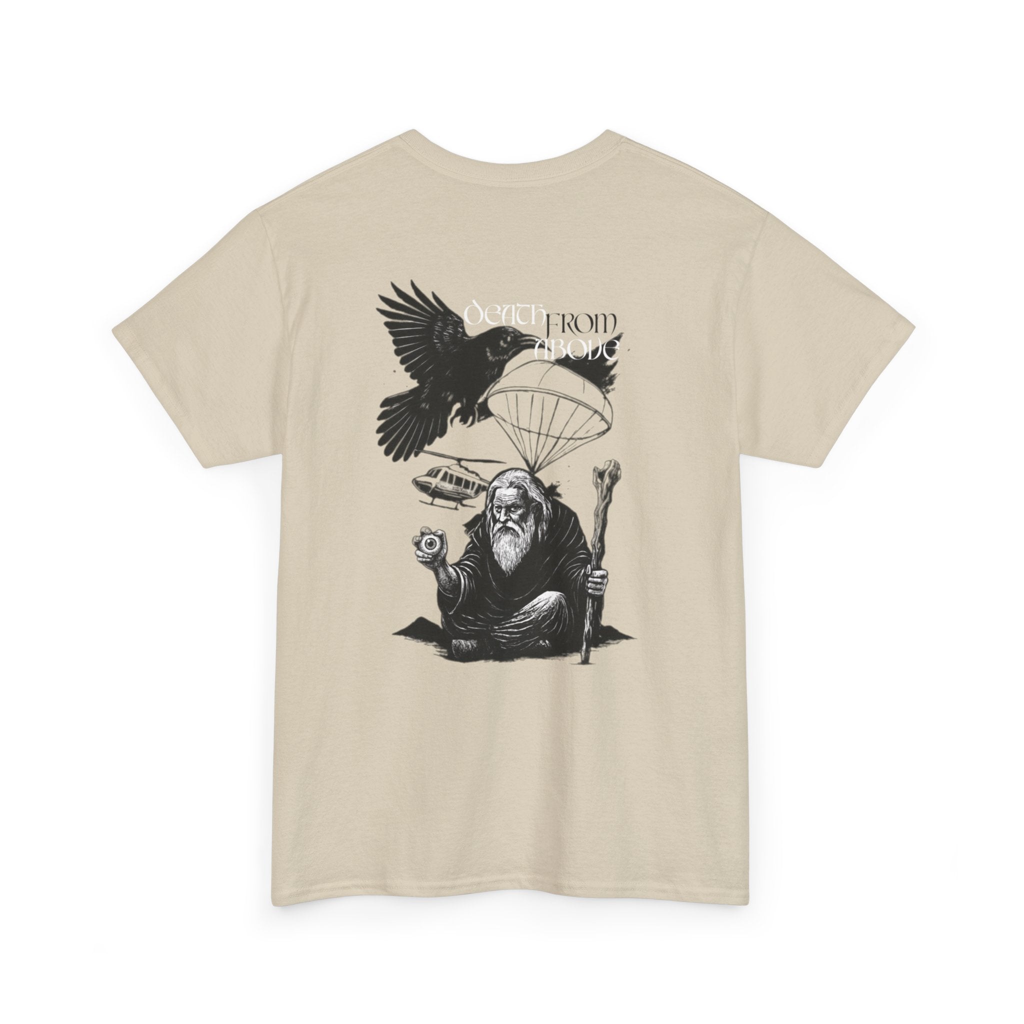 sand t-shirt with black graphic design on a white background comigo-death-from-above-back-sand