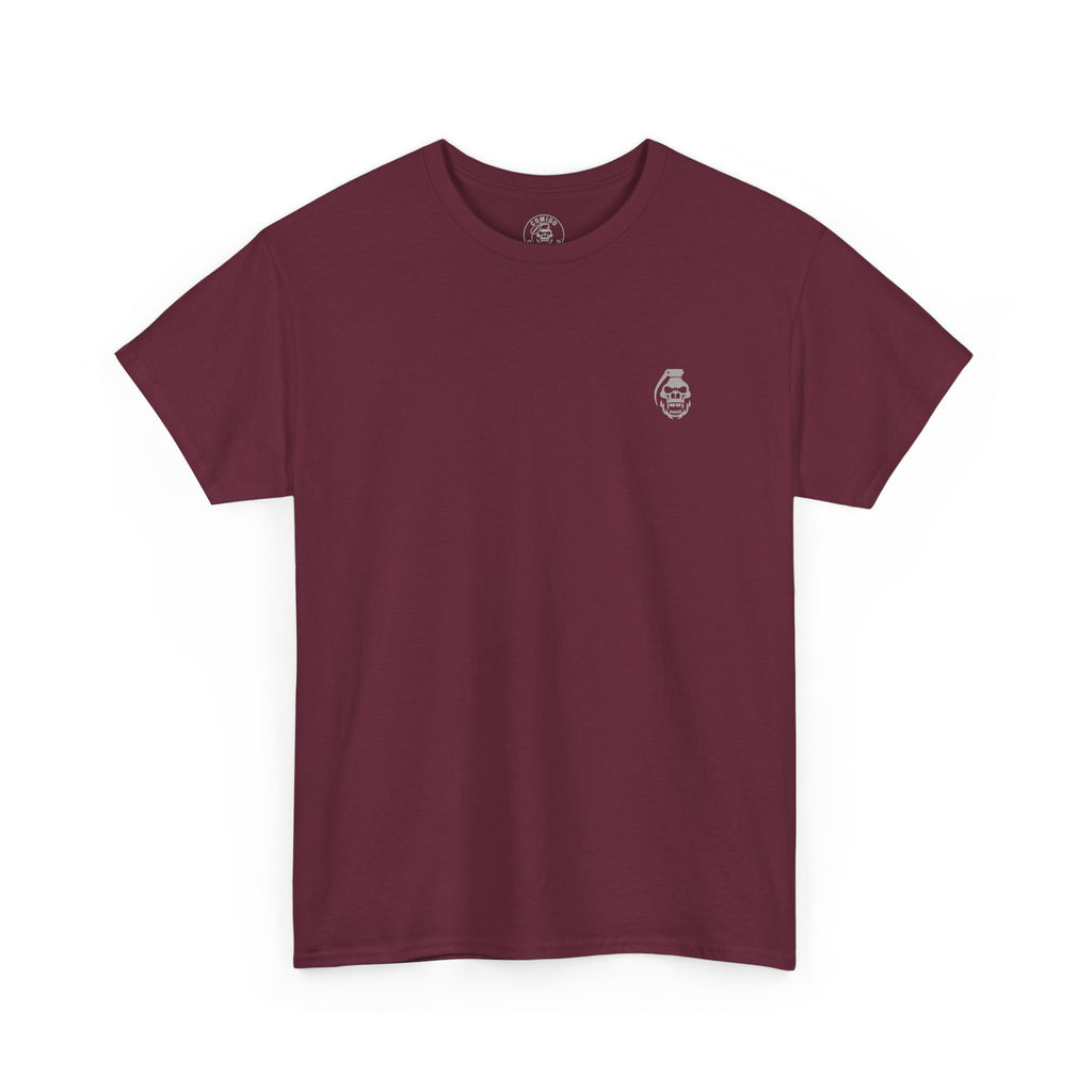 Maroon t-shirt with a small logo on a white background comigo-death-from-above-back-maroon