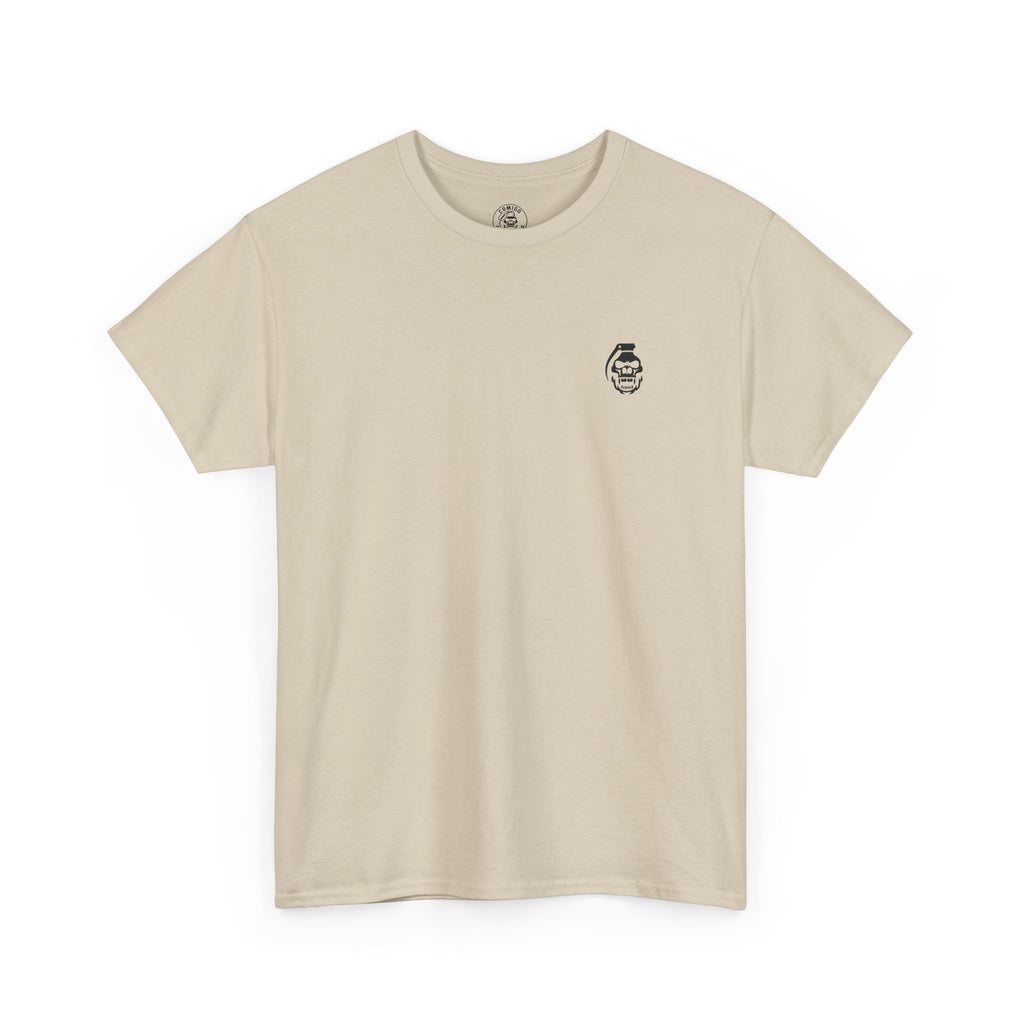 sand t-shirt with a small logo on the chest against a white background comigo-death-from-above-back-sand
