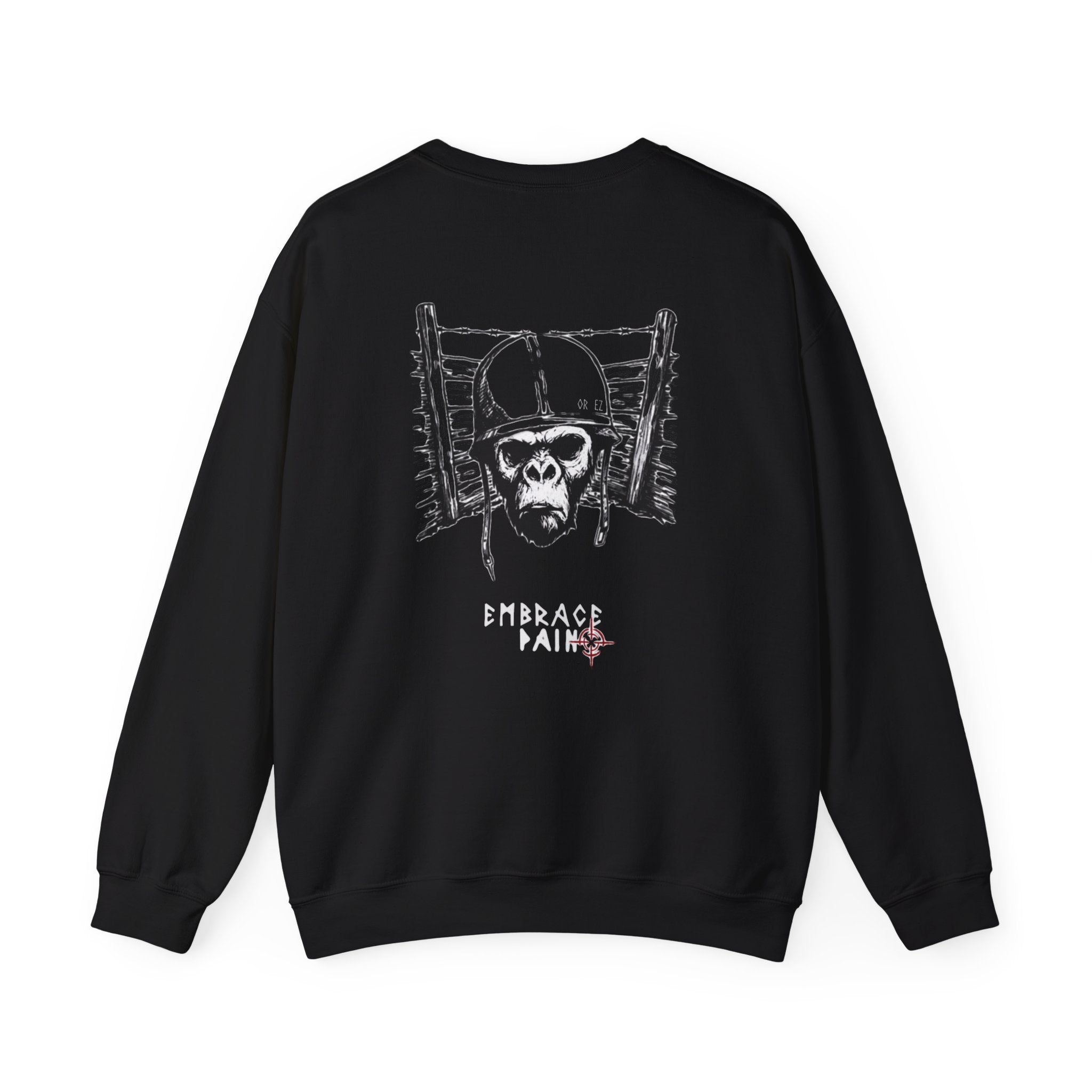 Black sweatshirt with a graphic design on the back featuring a skull and text, on a white background. comigo embrace pain