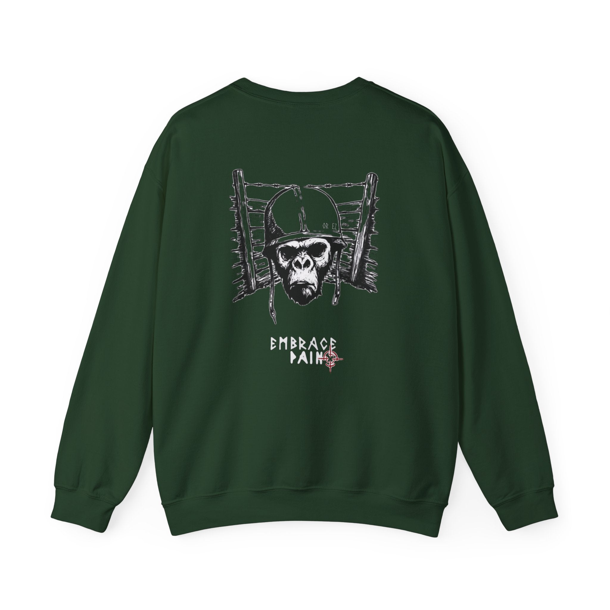 Green sweatshirt with a graphic design on the back against a white background comigo embrace pain