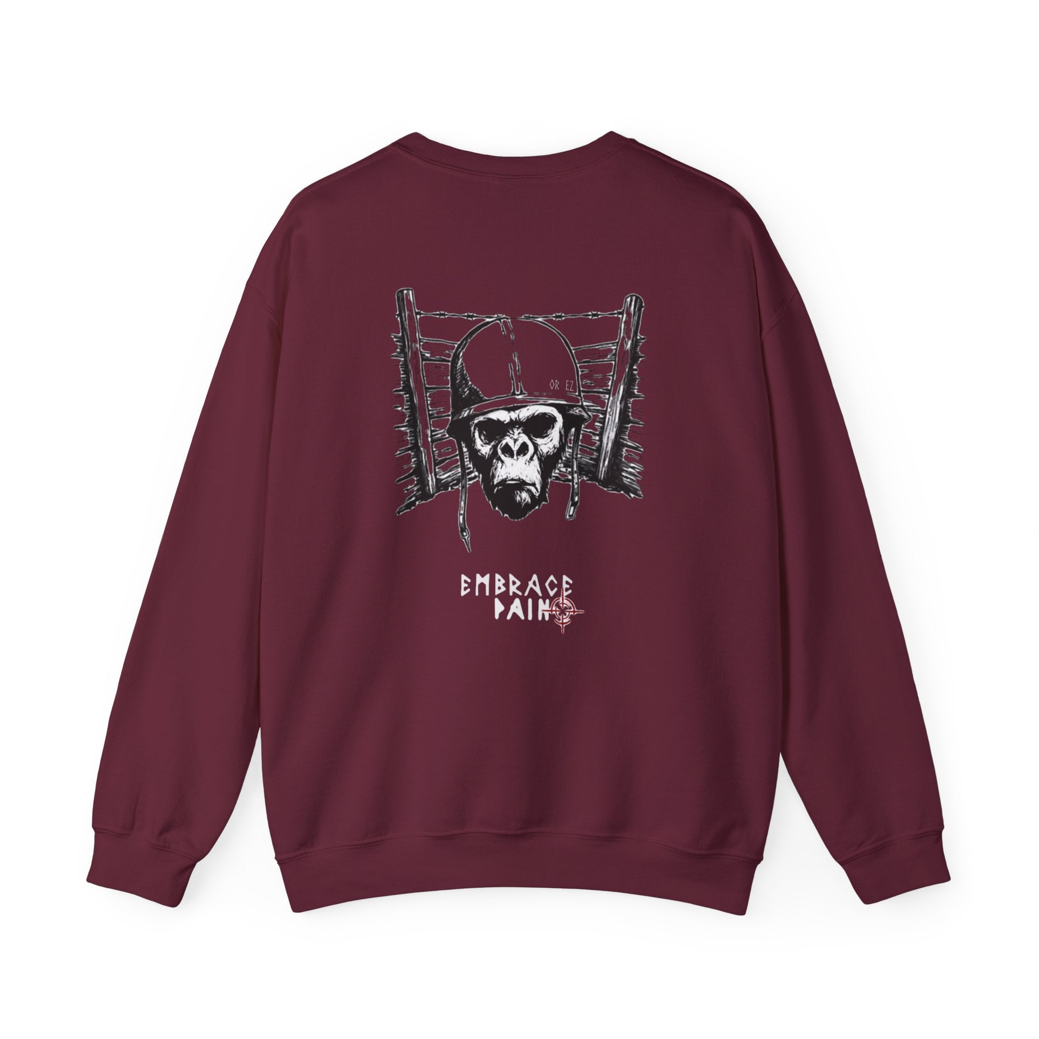 Maroon sweatshirt with graphic design on the back against a white background comigo embrace pain