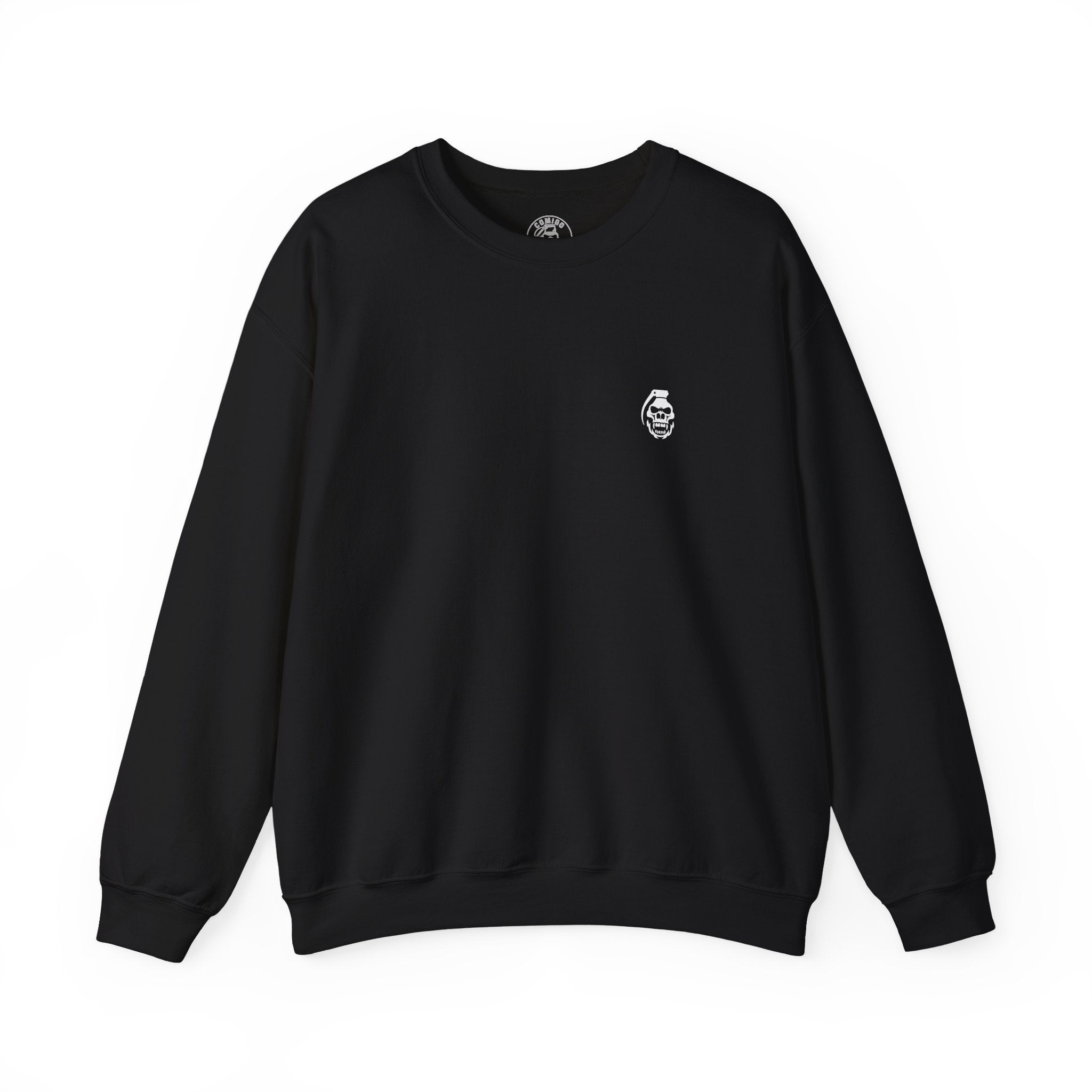 Black sweatshirt with a small logo on a white background comigo embrace pain