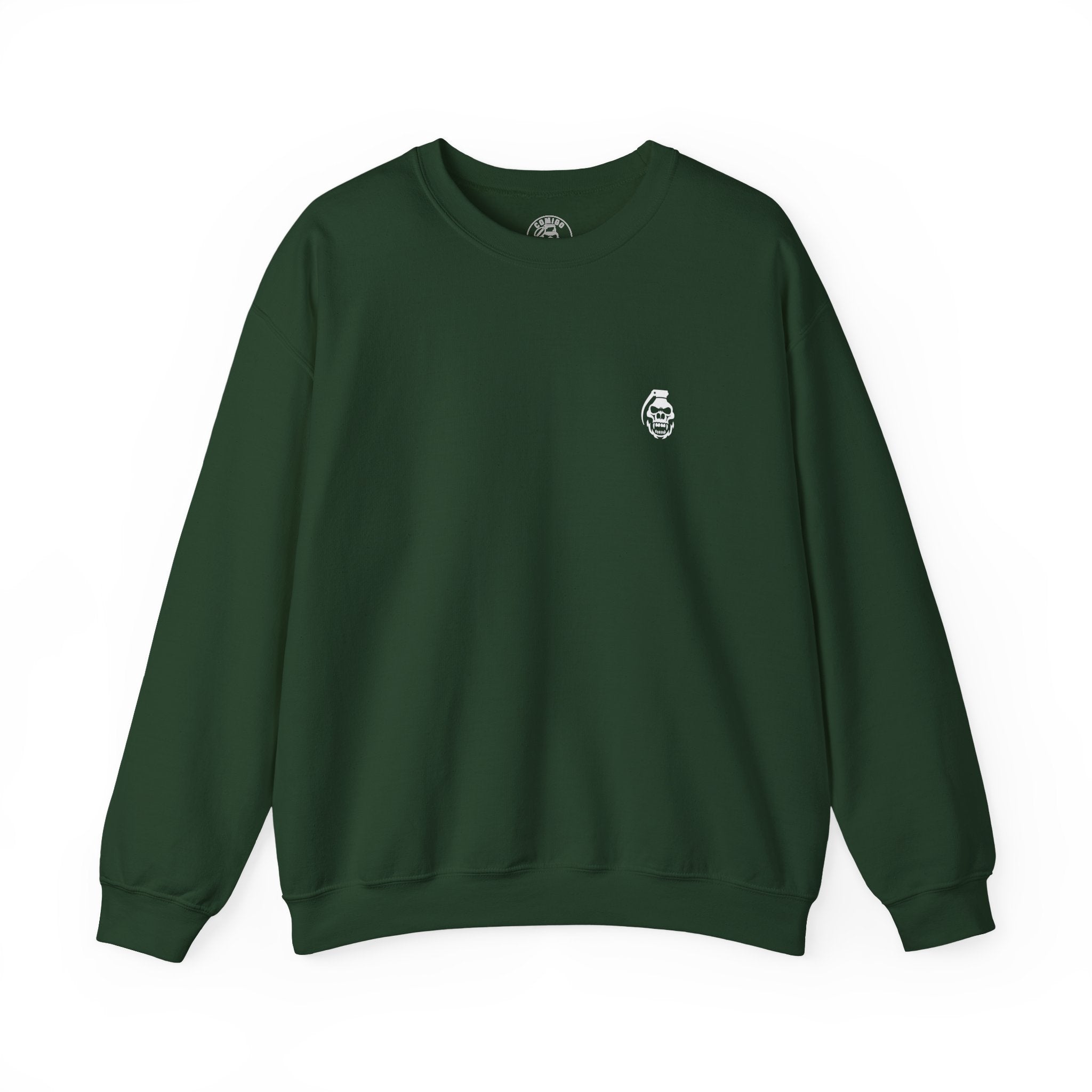 Green sweatshirt with a small logo on a white background comigo embrace pain