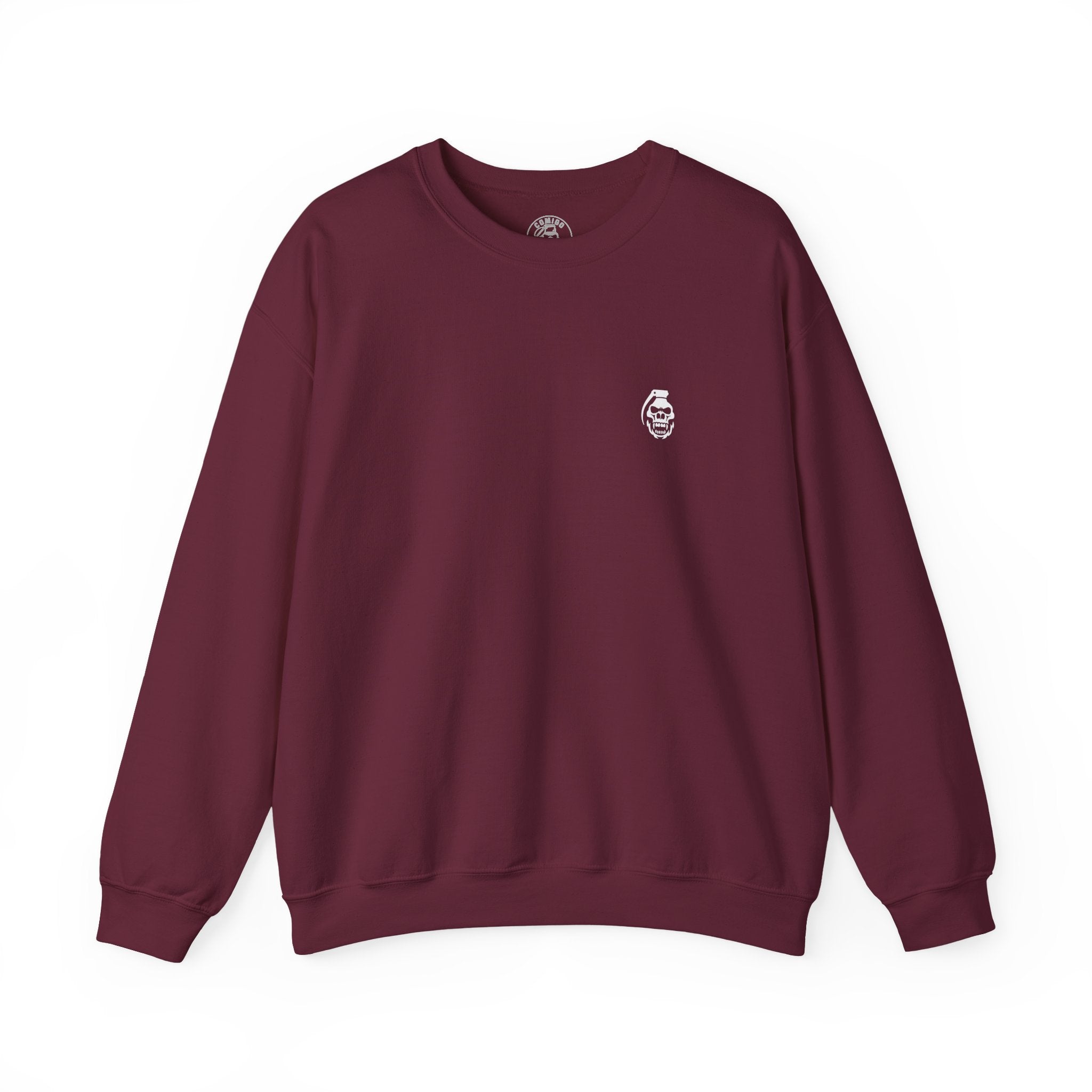 Maroon sweatshirt with a small logo on a white background comigo embrace pain