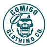 teal logo of Comigo Clothing Co. with a skull design on a white background