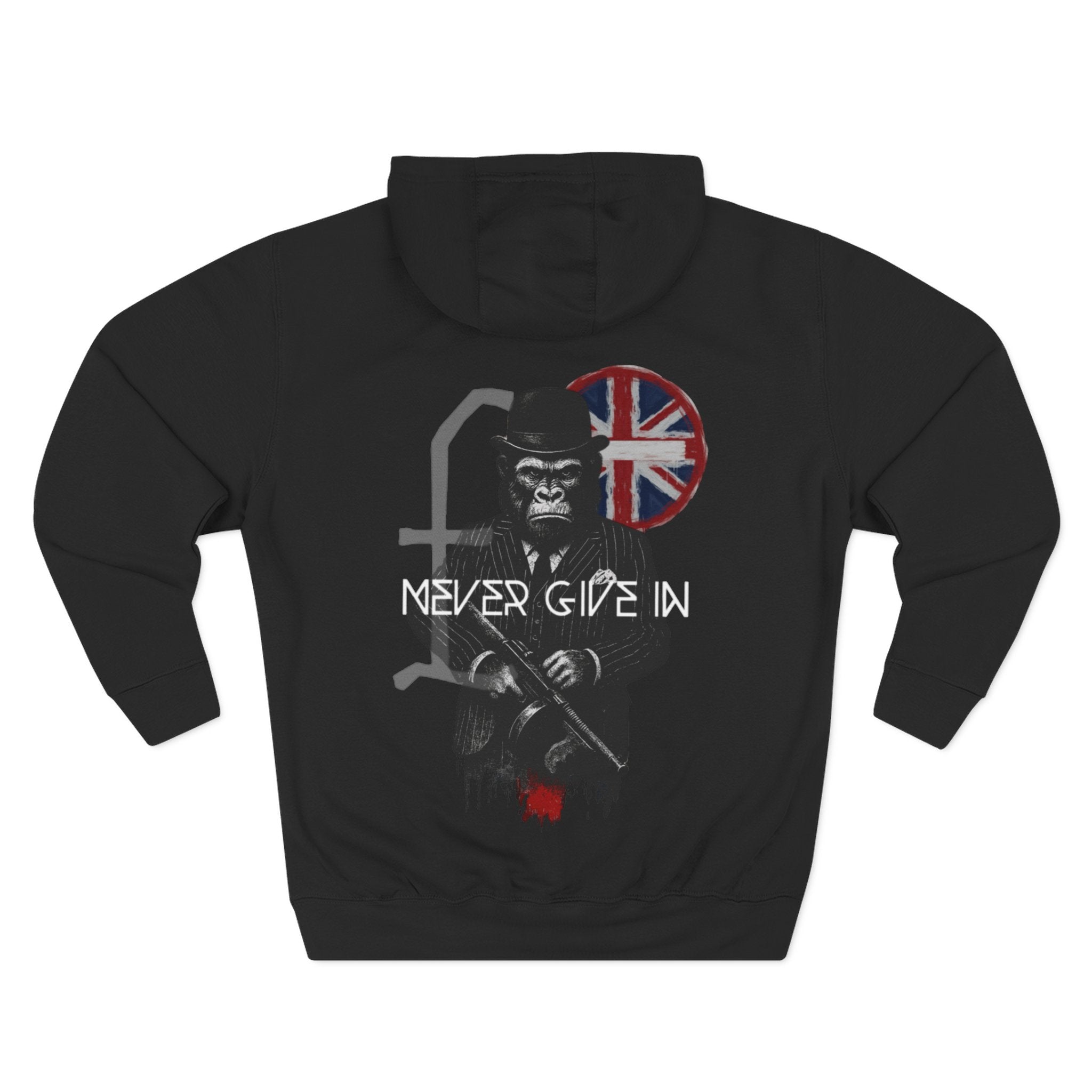 Black hoodie with graphic design and text on a white background comigo never give in