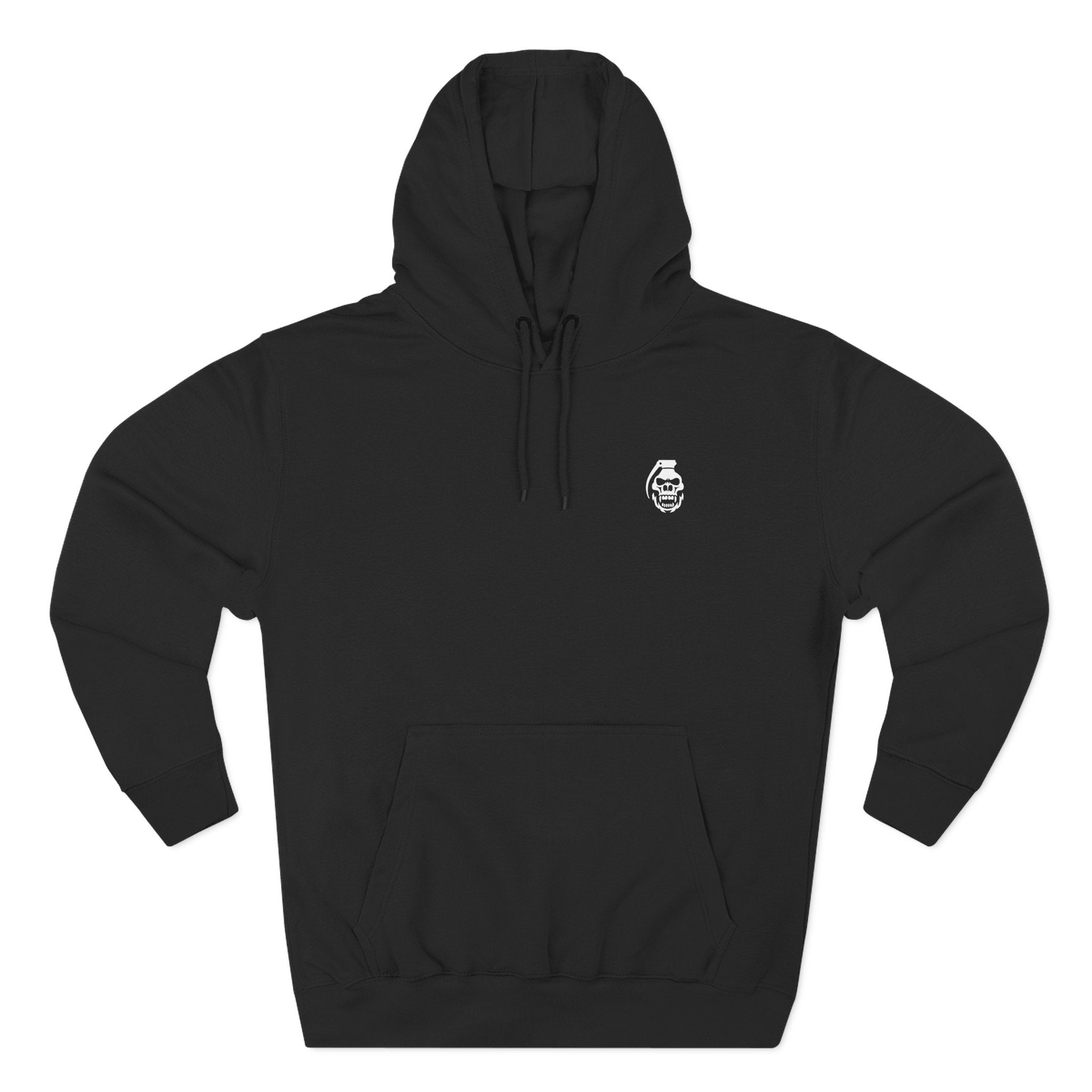 Black hoodie with a small white logo on a white background comigo never give in