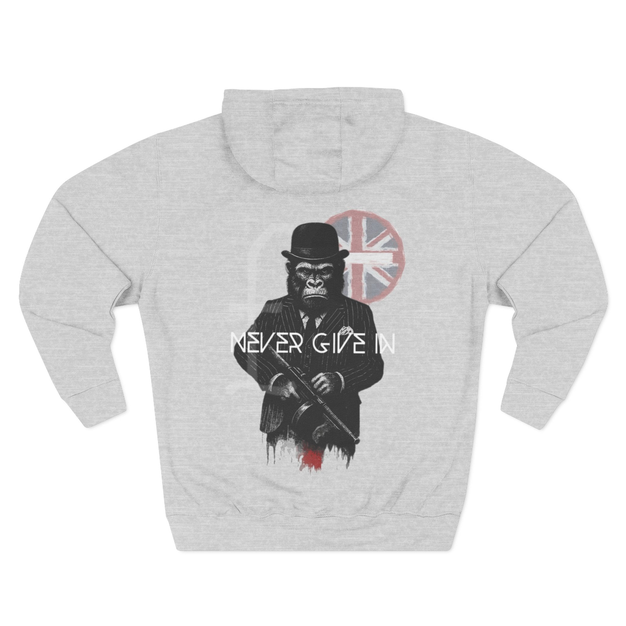 Gray hoodie with a graphic of a monkey in a top hat holding a gun, with 'Never Give In' text and a Union Jack flag on the chest. comigo never give in