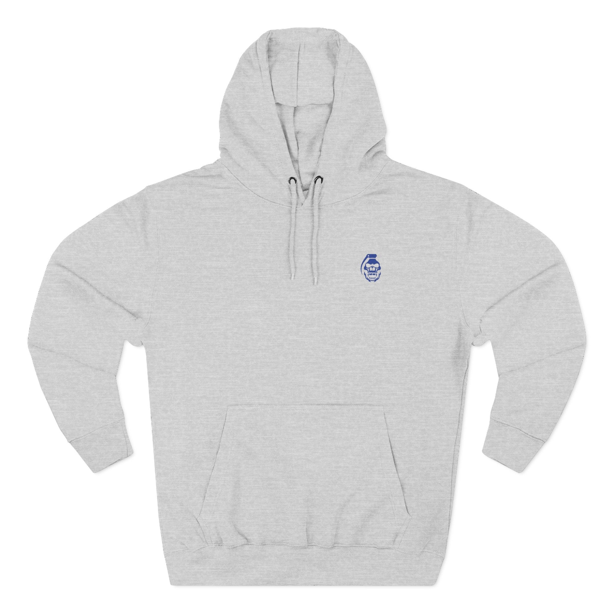 Gray hoodie with a small logo on the chest against a white background comigo never give in
