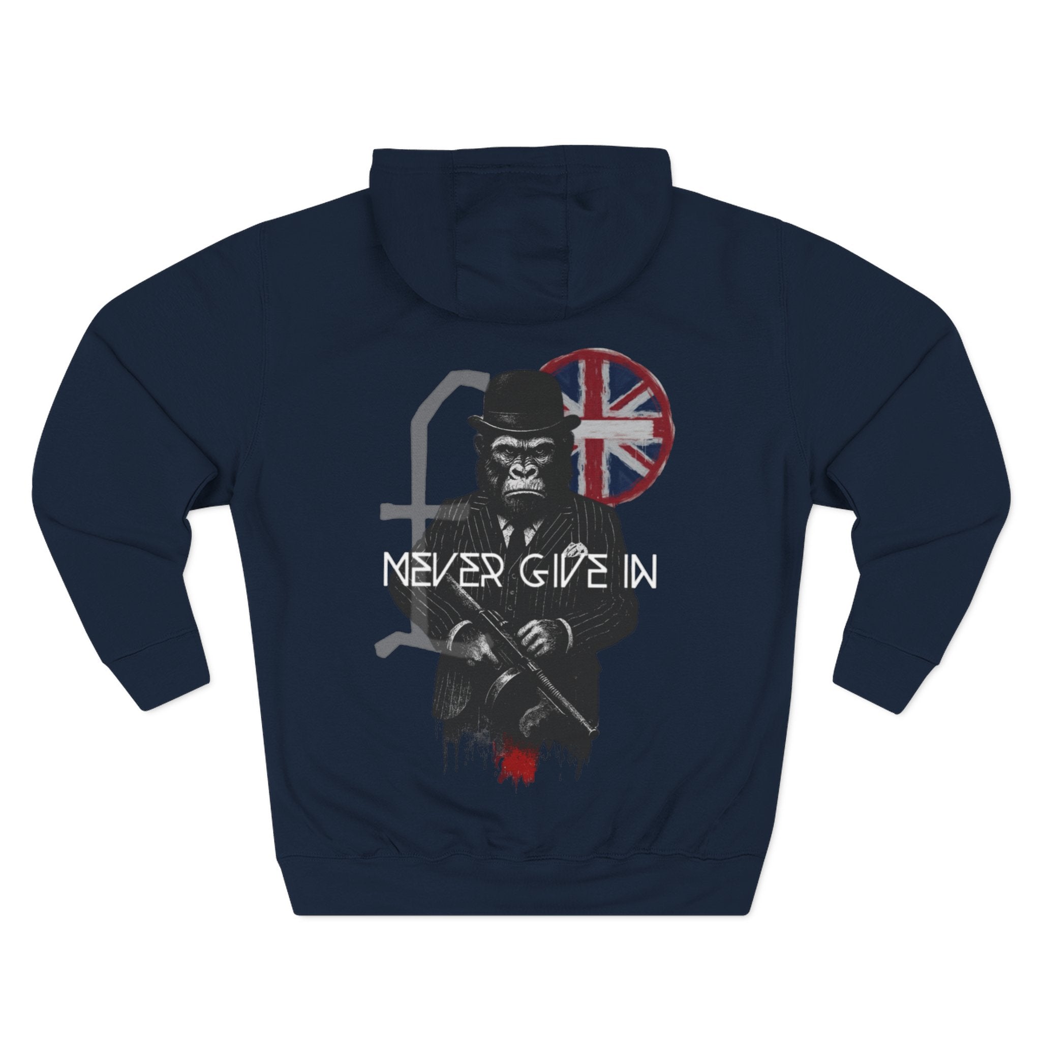 Navy blue hoodie with a graphic design featuring a gorilla holding a gun and a British flag, with the text 'Never Give In'. comigo never give in