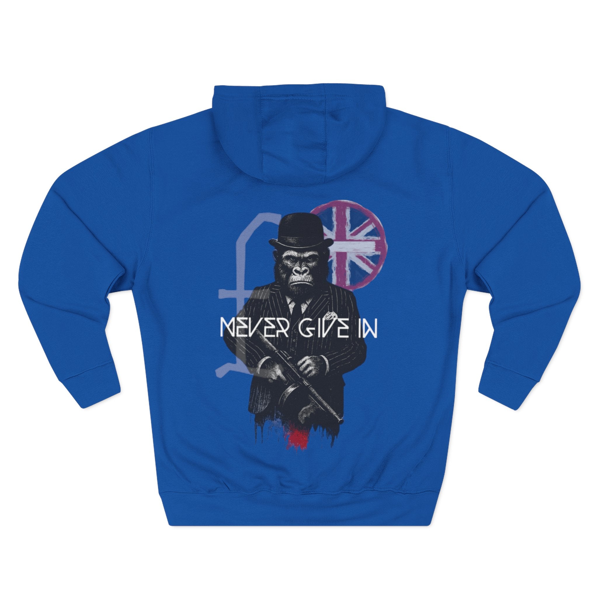 Blue hoodie with graphic design of a gorilla in a suit holding a gun, Union Jack, and 'Never Give In' text on a white background. comigo never give in