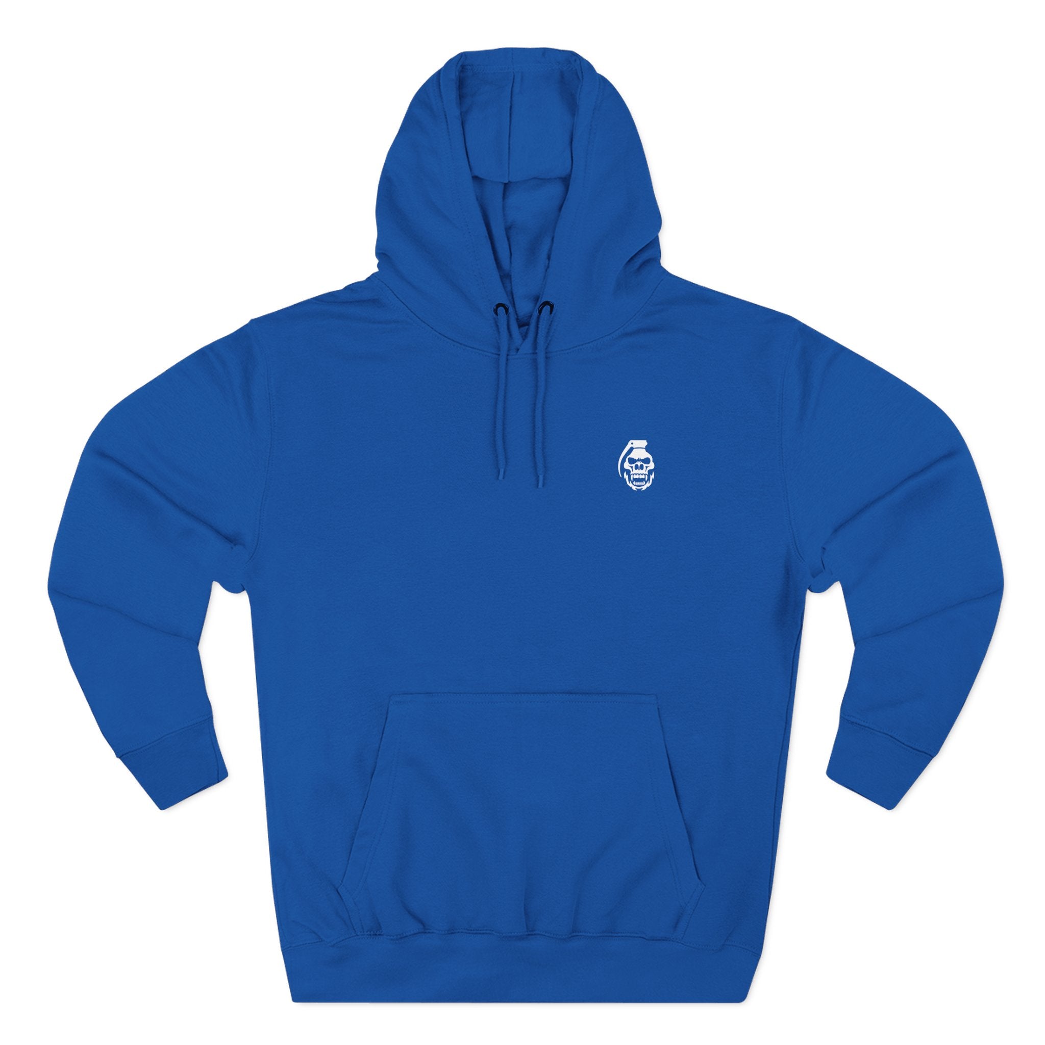 Blue hoodie with a small logo on the chest against a white background comigo never give in