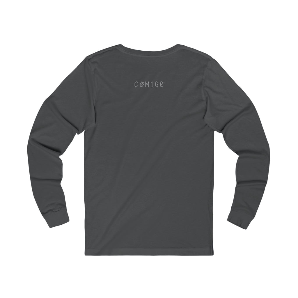 Dark gray long-sleeve shirt with 'COMIGO' logo on the back against a white background original | COMIGO CLOTHING CO.
