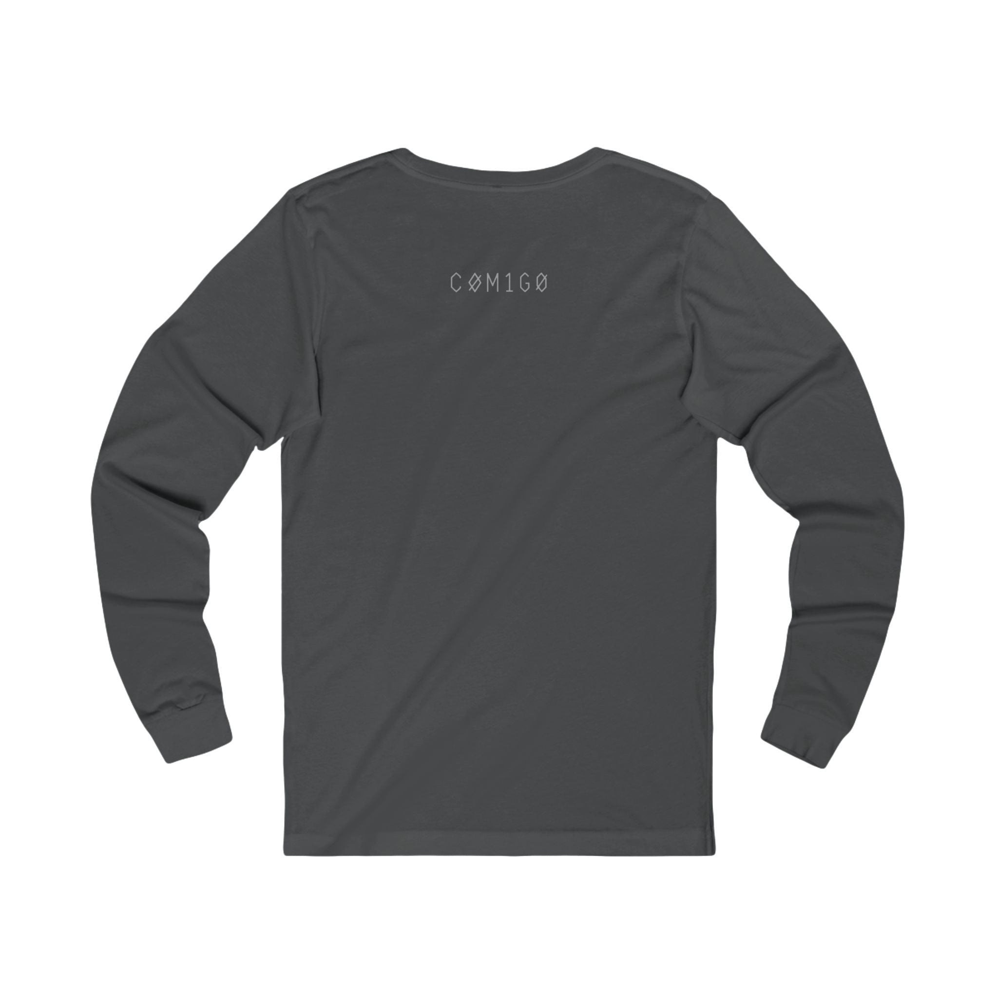 Dark gray long-sleeve shirt with 'COMIGO' logo on the back against a white background original | COMIGO CLOTHING CO.