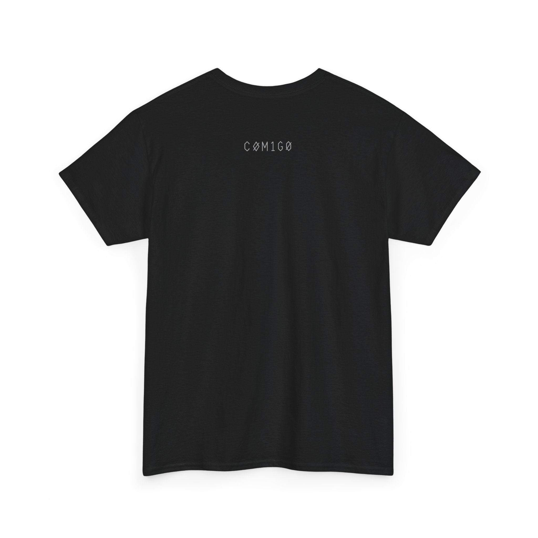 Black t-shirt with 'COMIGO' logo on the back against a white background original | COMIGO CLOTHING CO.