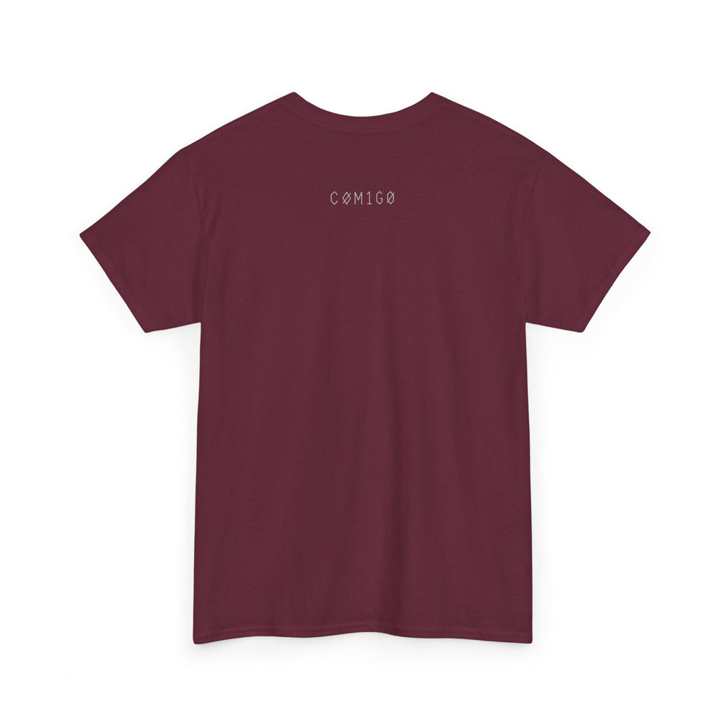 Maroon t-shirt with 'Cómigo' logo on the back against a white background original | COMIGO CLOTHING CO.